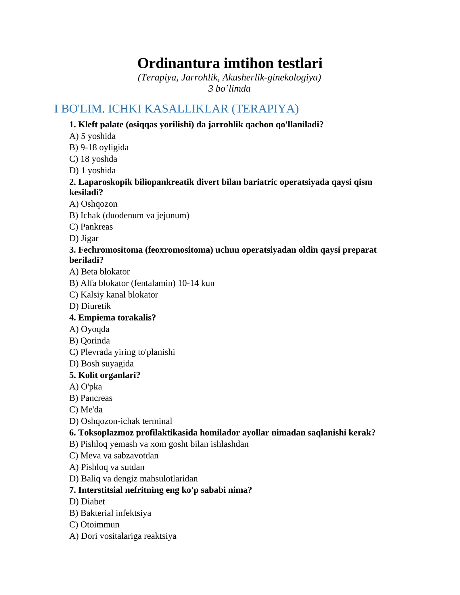 Ordinantura imtihon testlari