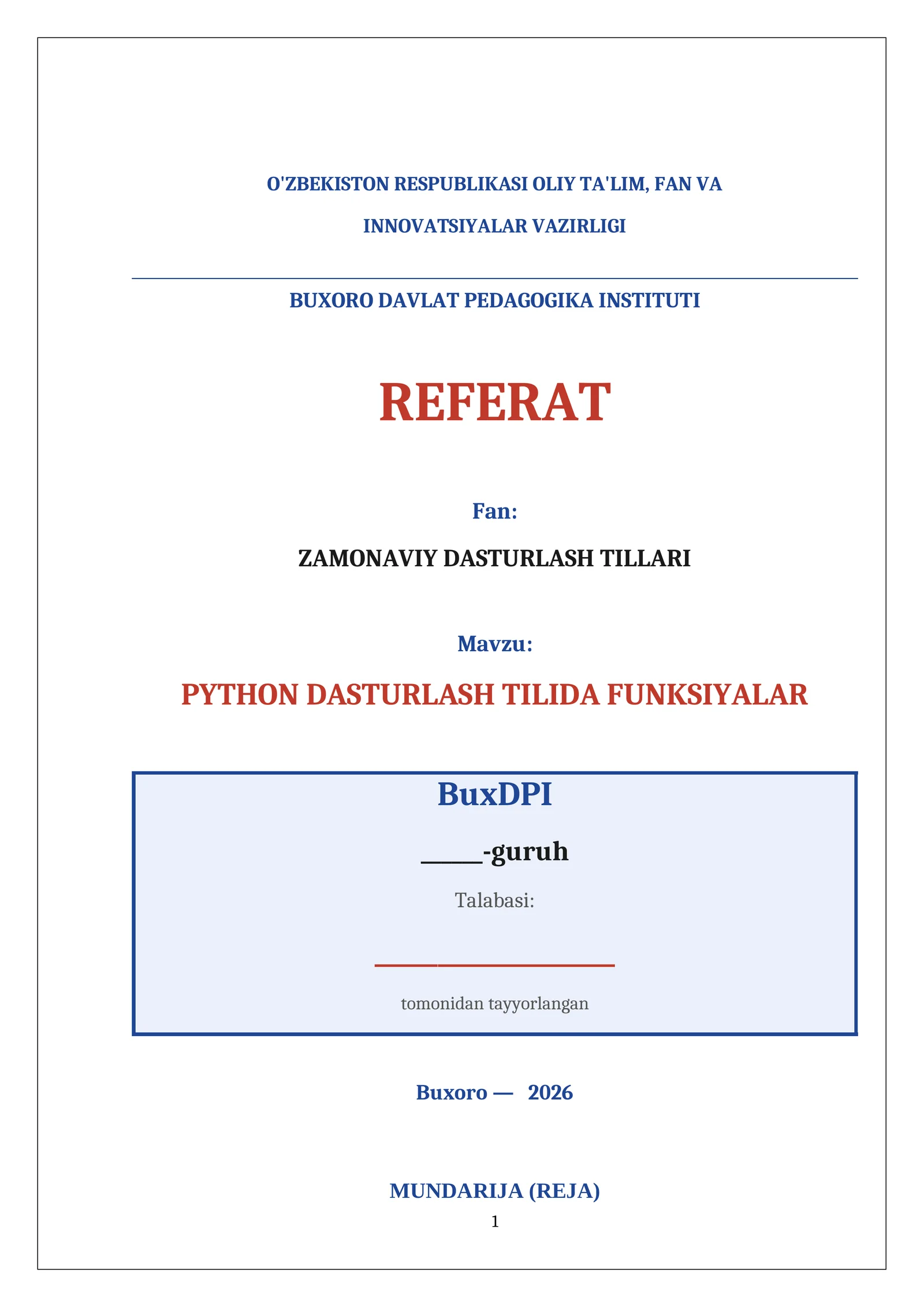 PYTHON DASTURLASH TILIDA FUNKSIYALAR