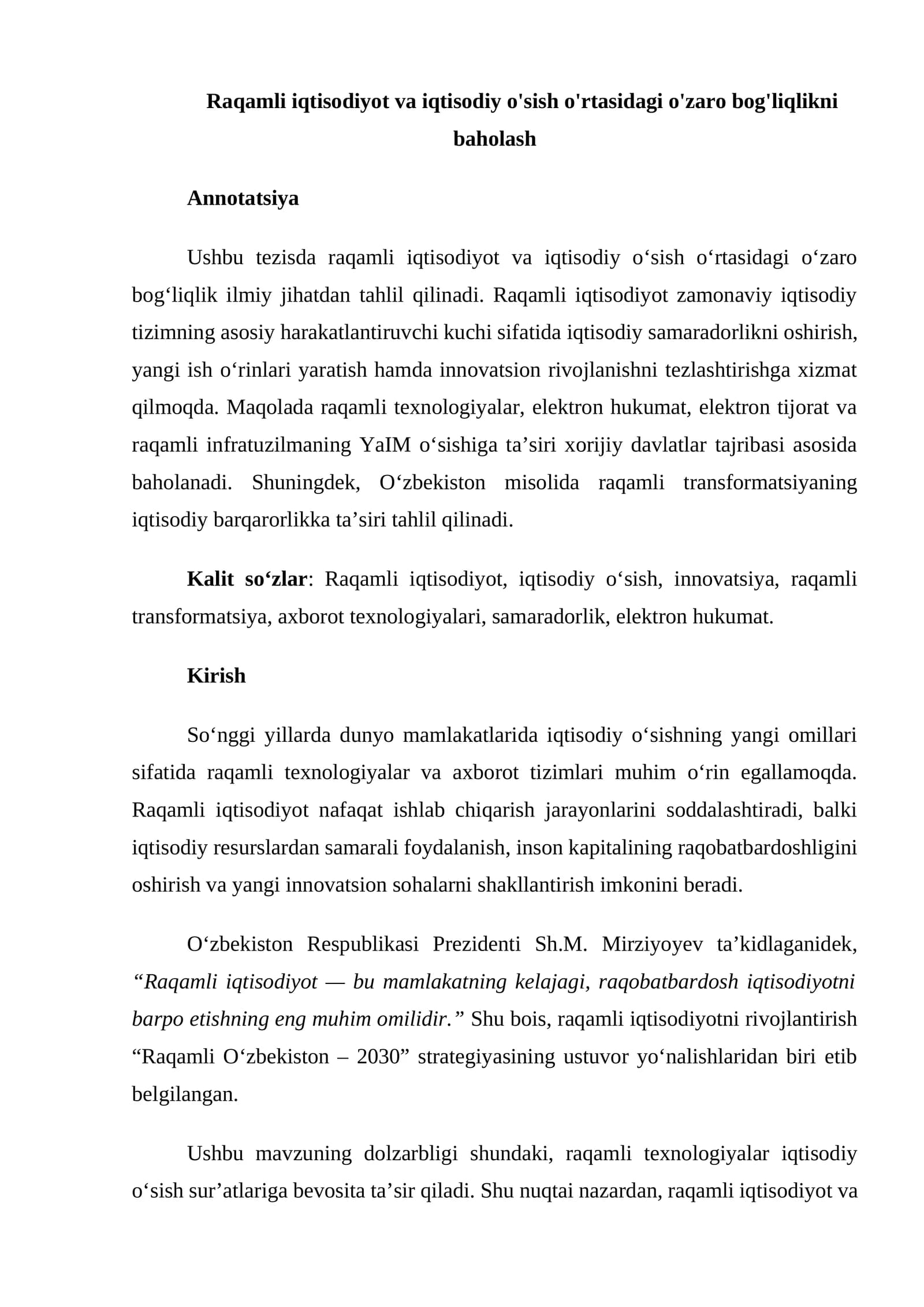 Raqamli iqtisodiyot va iqtisodiy o'sish o'rtasidagi o'zaro bog'liqlikni baholash