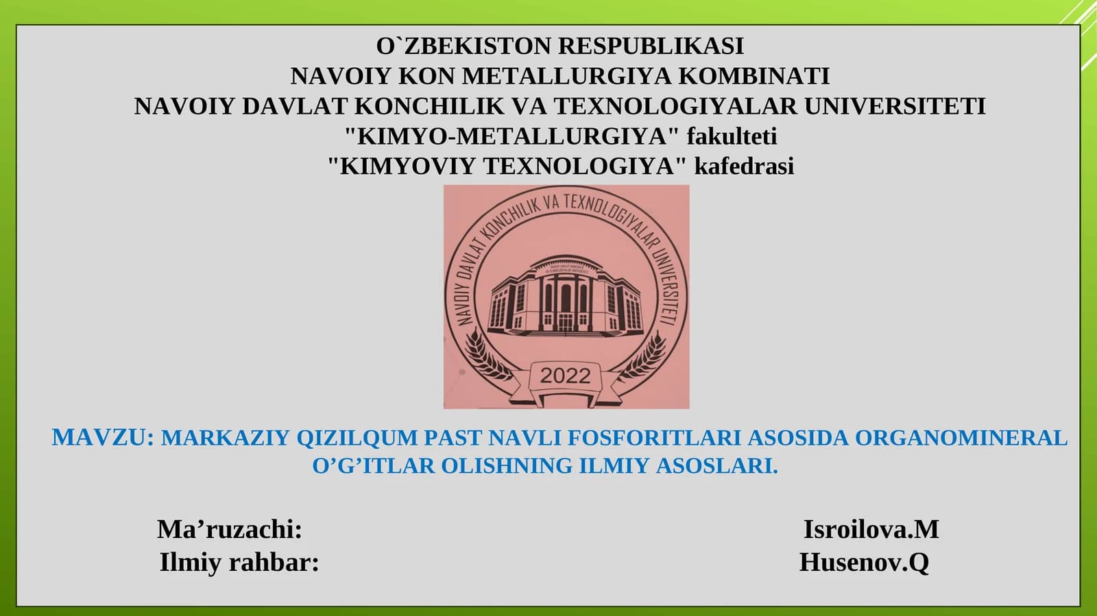 MARKAZIY QIZILQUM PAST NAVLI FOSFORITLARI ASOSIDA ORGANOMINERAL O’G’ITLAR OLISHNING ILMIY ASOSLARI