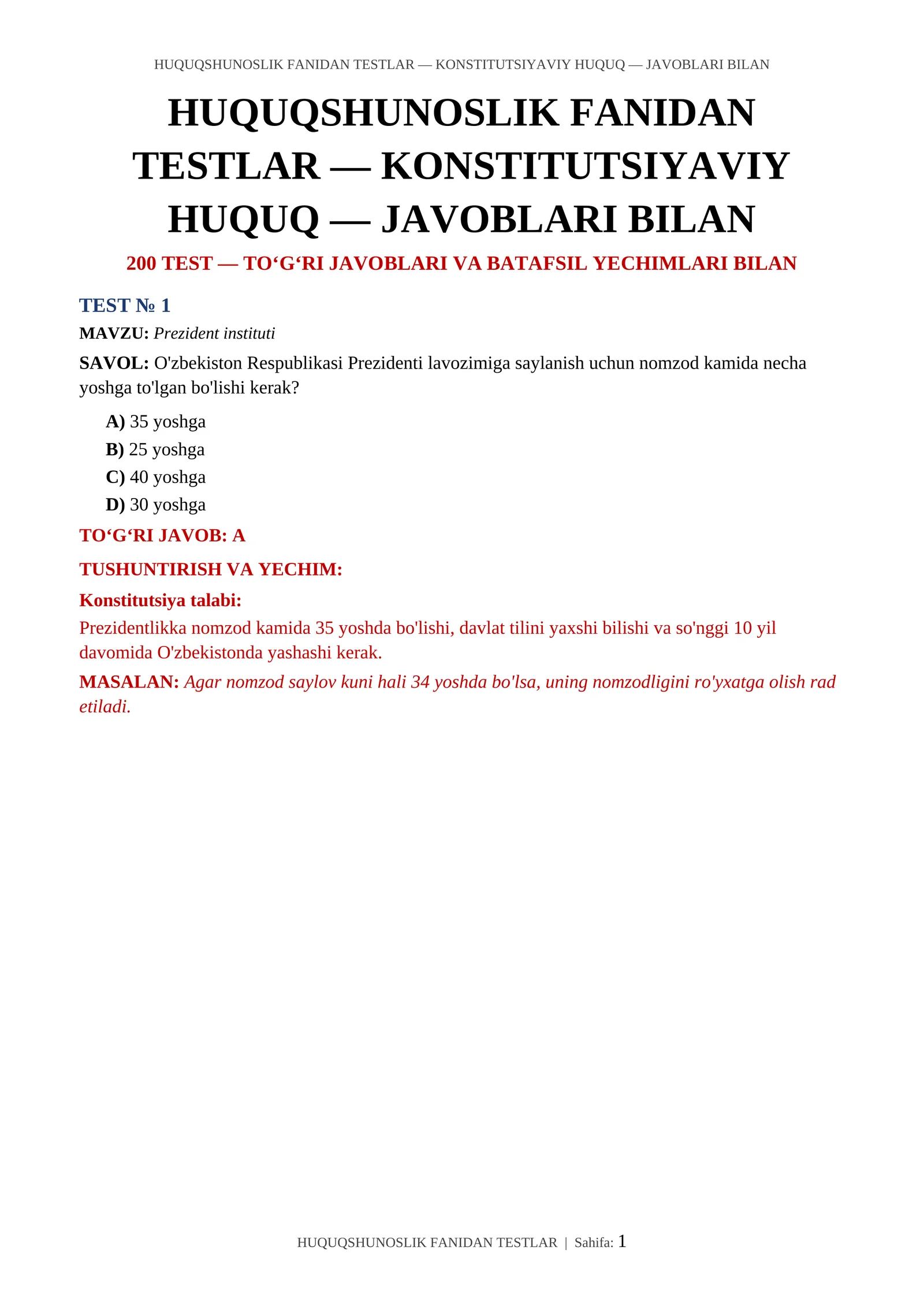 HUQUQSHUNOSLIK FANIDAN TESTLAR — KONSTITUTSIYAVIY HUQUQ — JAVOBLARI BILAN