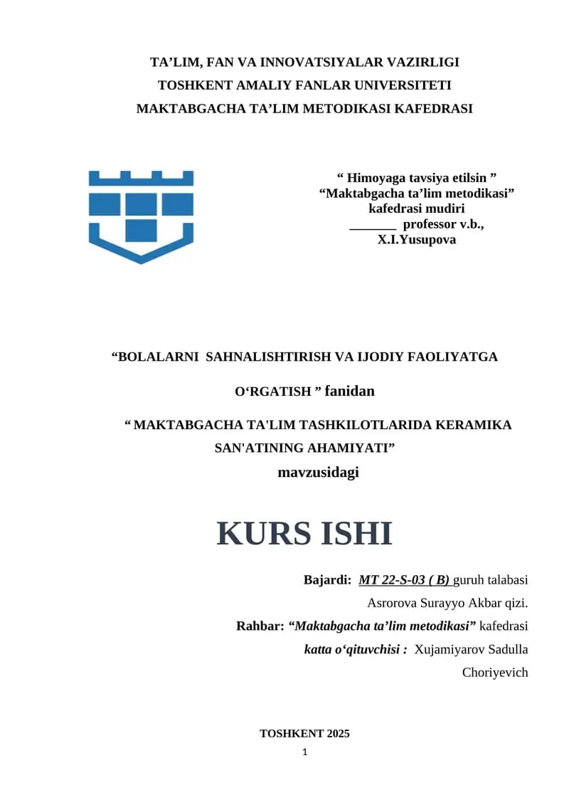 MAKTABGACHA TA'LIM TASHKILOTLARIDA KERAMIKA SAN'ATINING AHAMIYATI