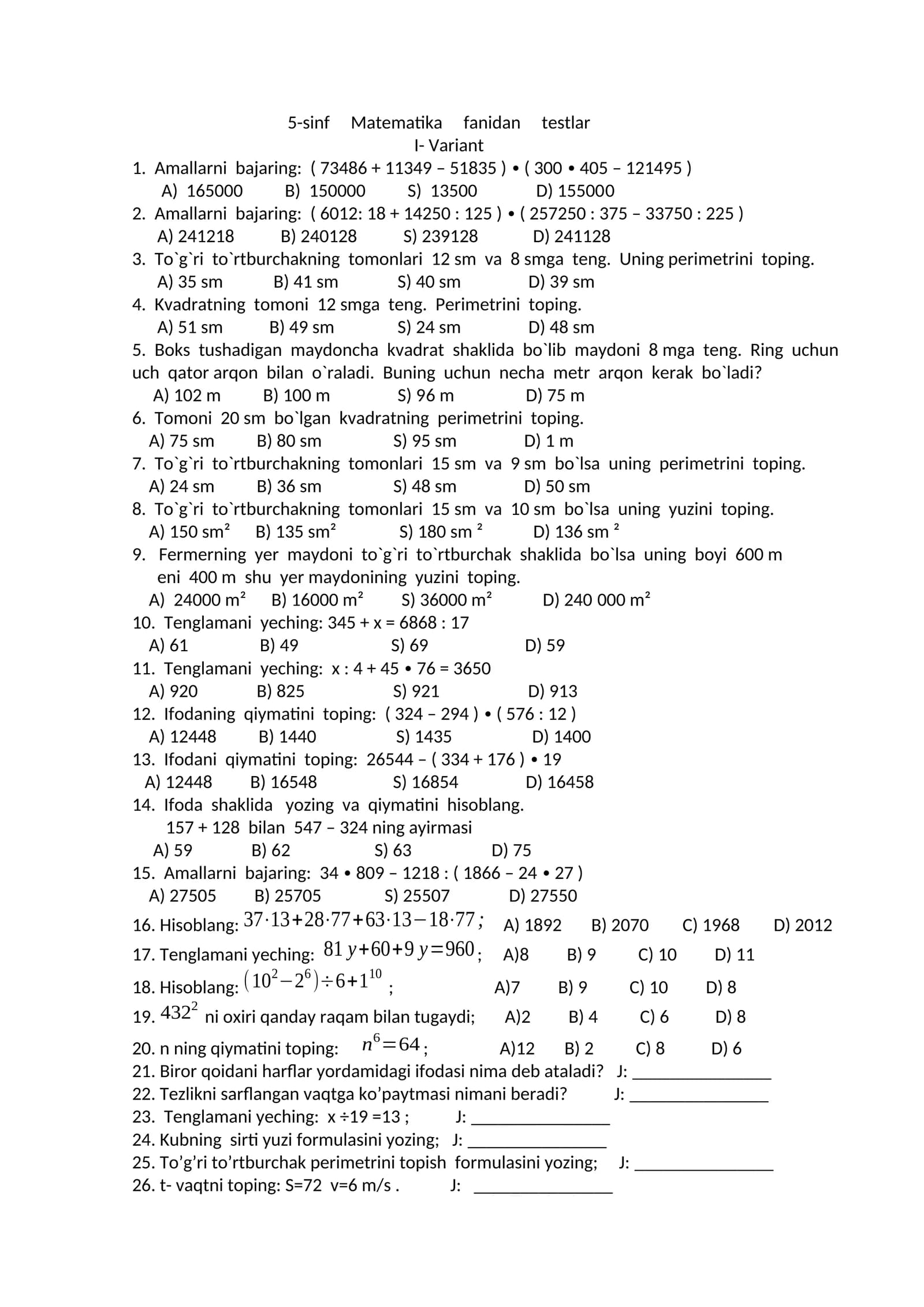 5-sinf Matematika fanidan testlar