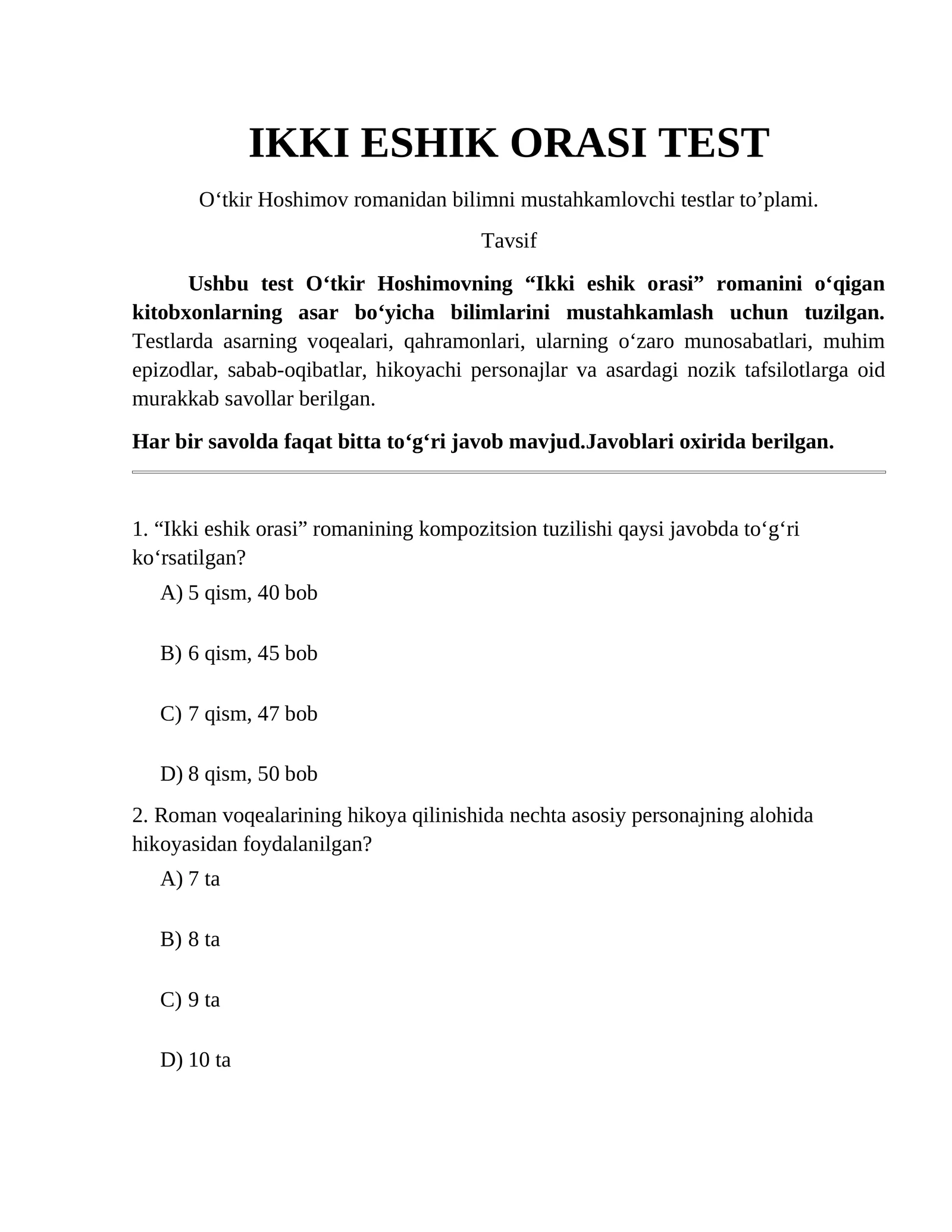 IKKI ESHIK ORASI TEST