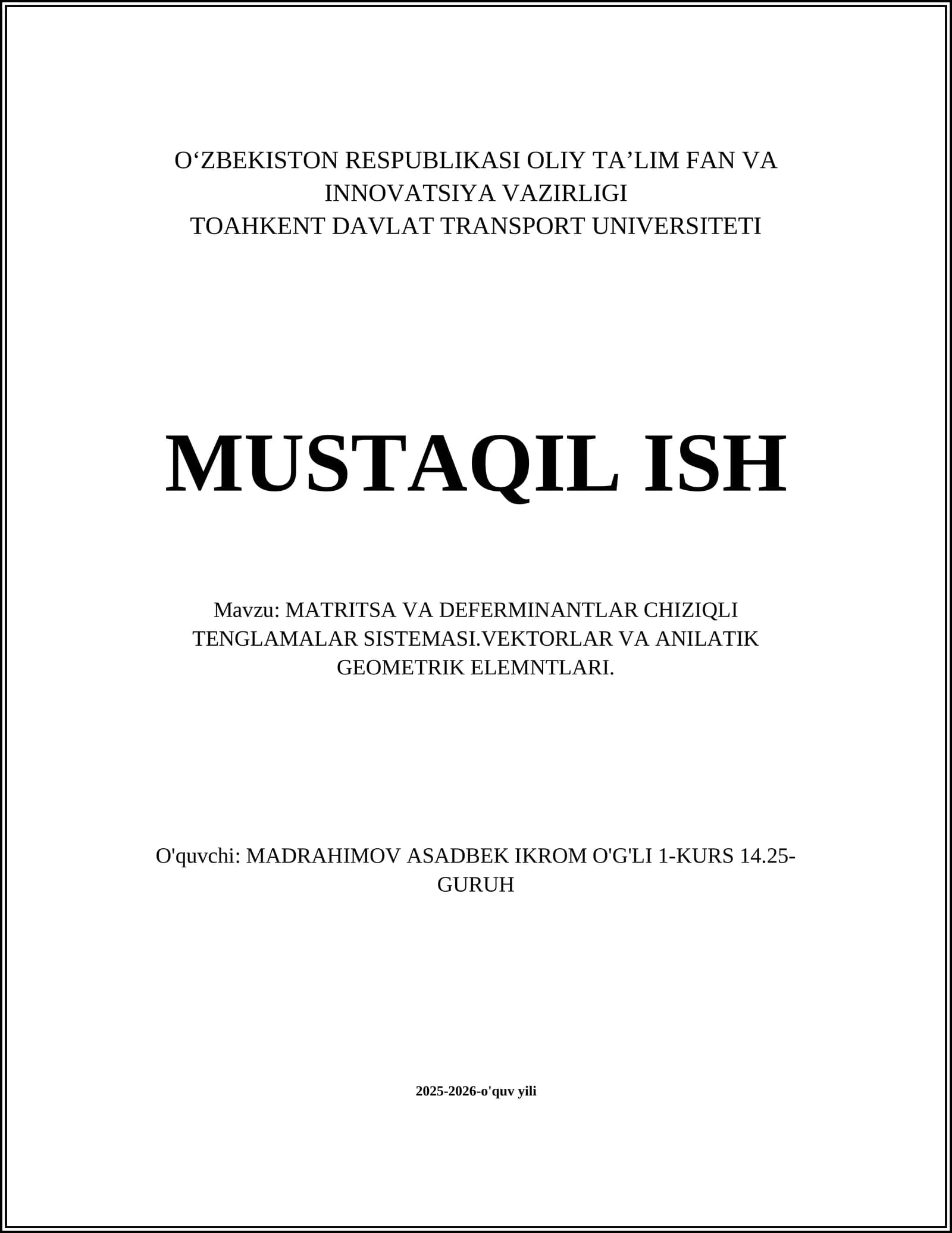MATRITSA VA DEFERMINANTLAR CHIZIQLI TENGLAMALAR SISTEMASI