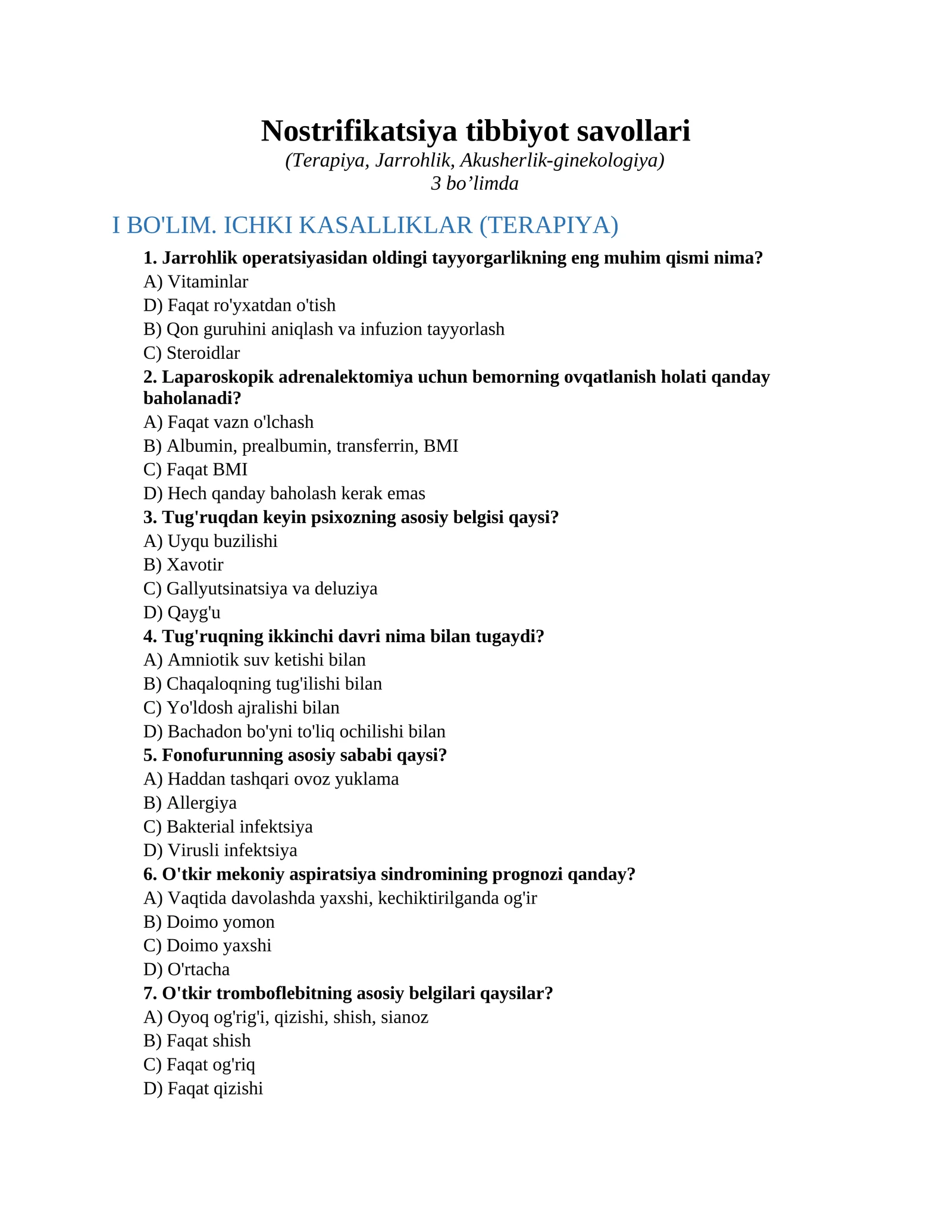 Nostrifikatsiya tibbiyot savollari