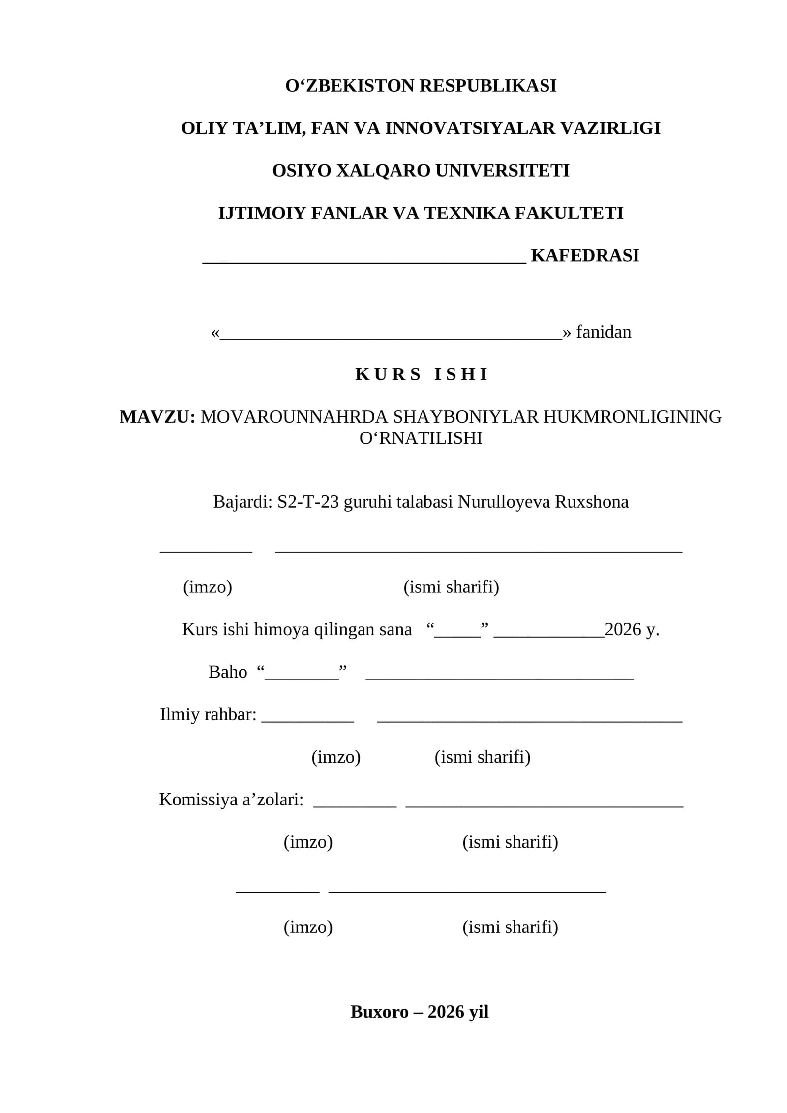 MOVAROUNNAHRDA SHAYBONIYLAR HUKMRONLIGINING OʻRNATILISHI