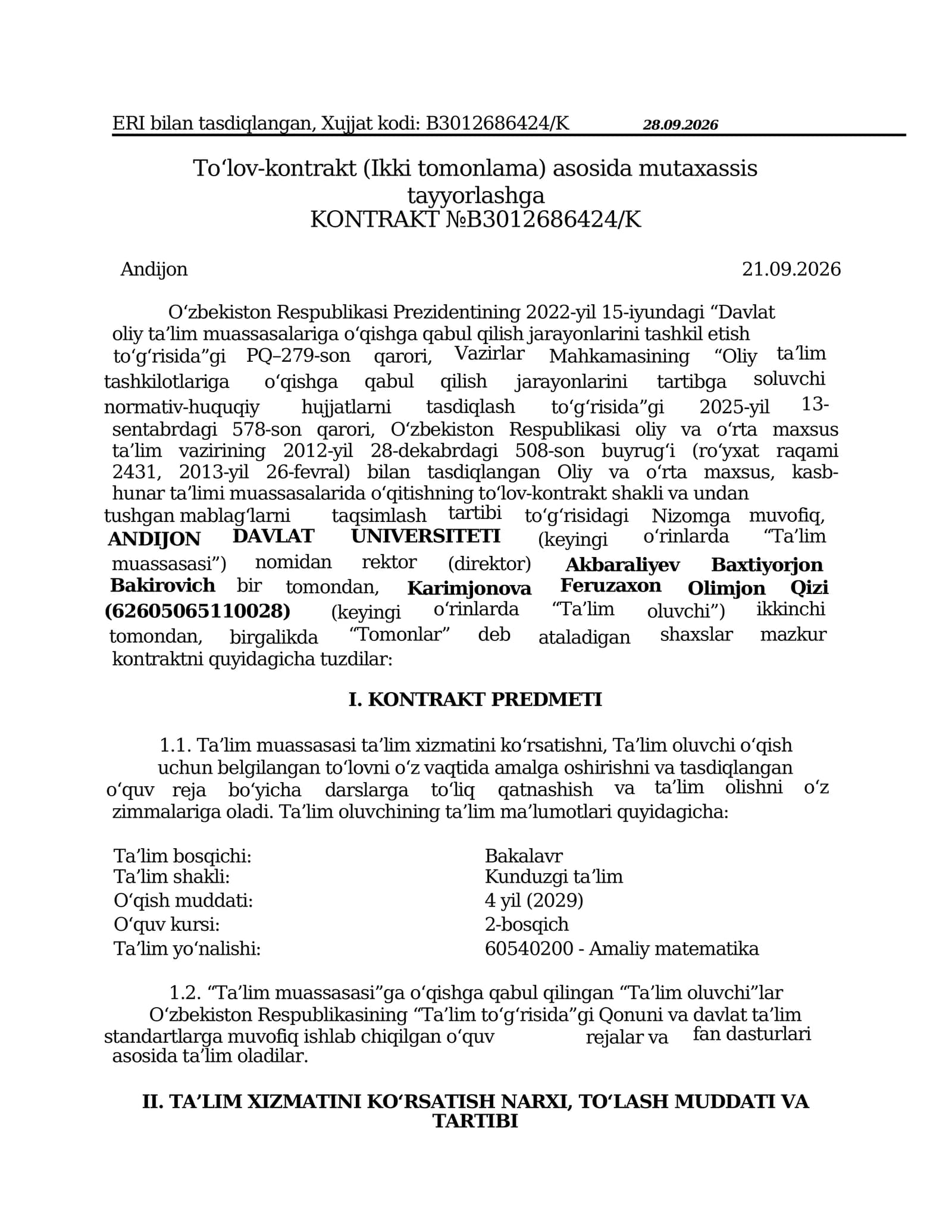 Ta'lim muassasi to’lov-kontrakt shakli va mablag‘larni taqsimlash