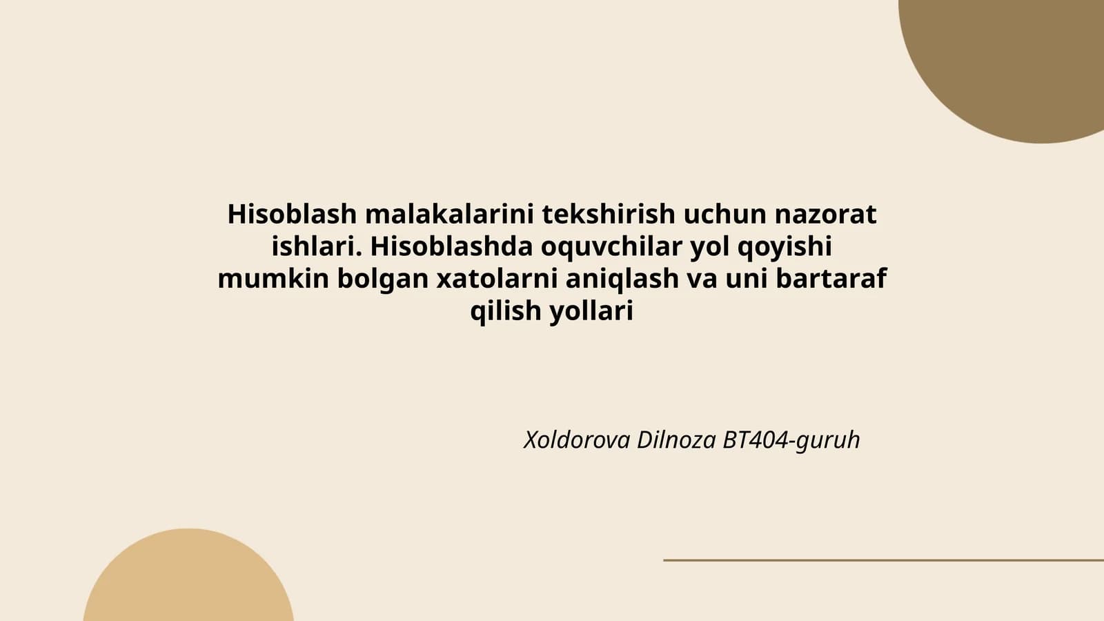 Hisoblash malakalarini tekshirish uchun nazorat ishlari