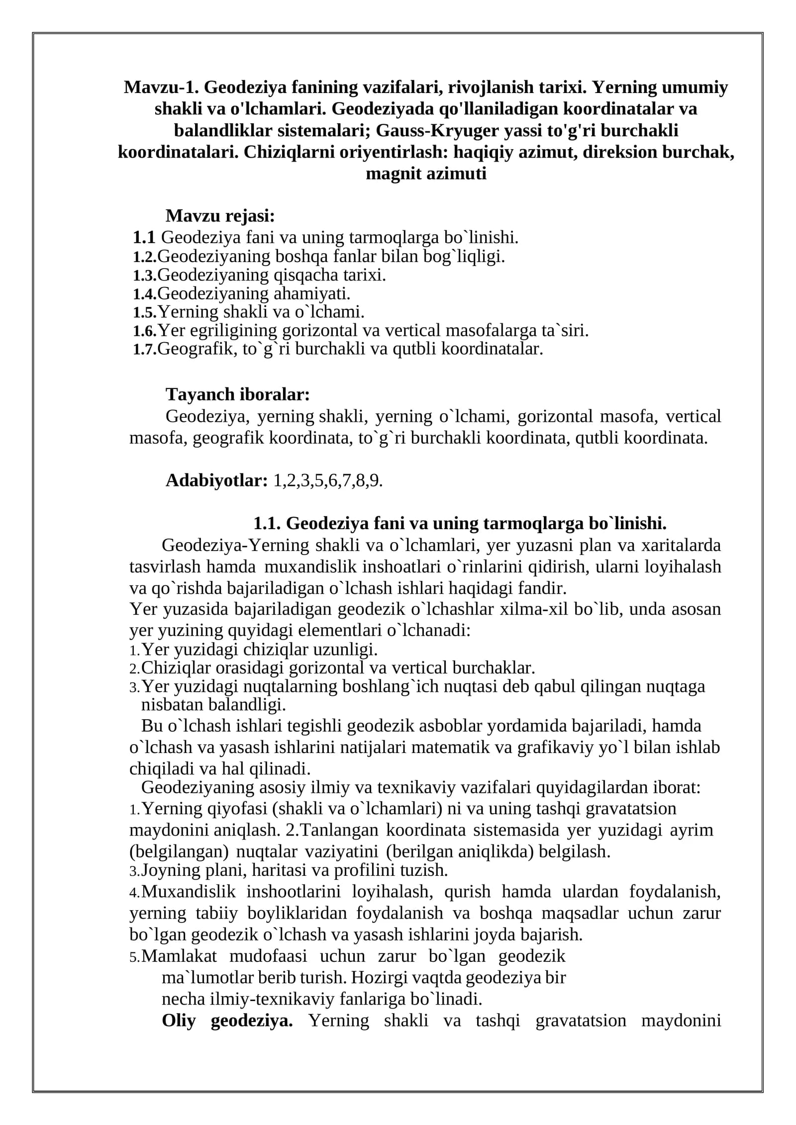 Geodeziya fanining vazifalari