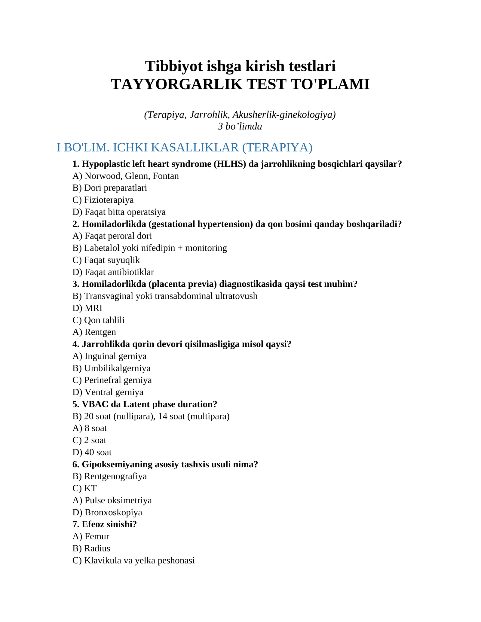 Tibbiyot ishga kirish testlari