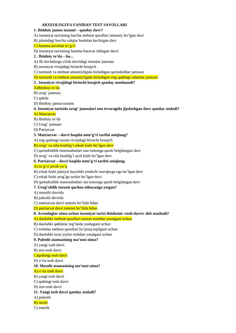 ARXEOLOGIYA FANIDAN TEST SAVOLLARI