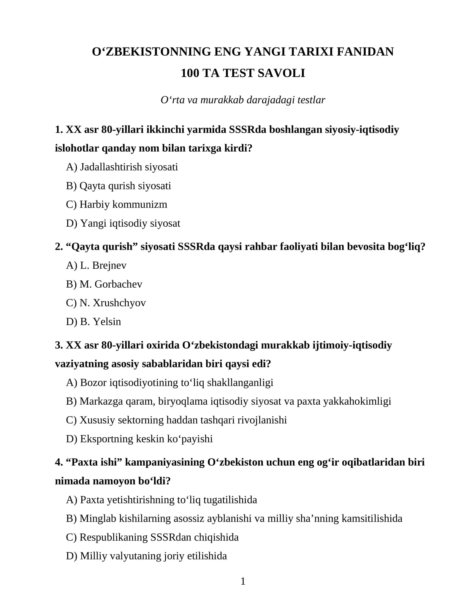 O‘ZBEKISTONNING ENG YANGI TARIXI FANIDAN 100 TA TEST SAVOLI