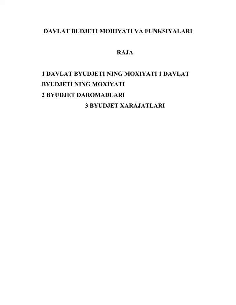 DAVLAT BUDJETI MOHIYATI VA FUNKSIYALARI