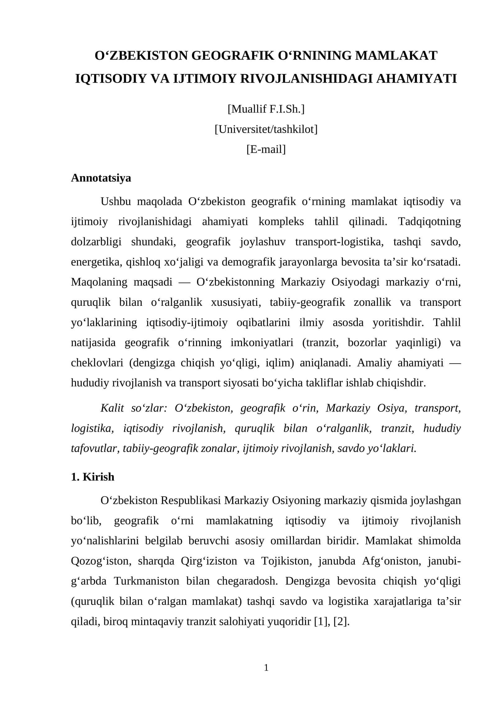 O‘ZBEKISTON GEOGRAFIK O‘RNINING MAMLAKAT IQTISODIY VA IJTIMOIY RIVOJLANISHIDAGI AHAMIYATI