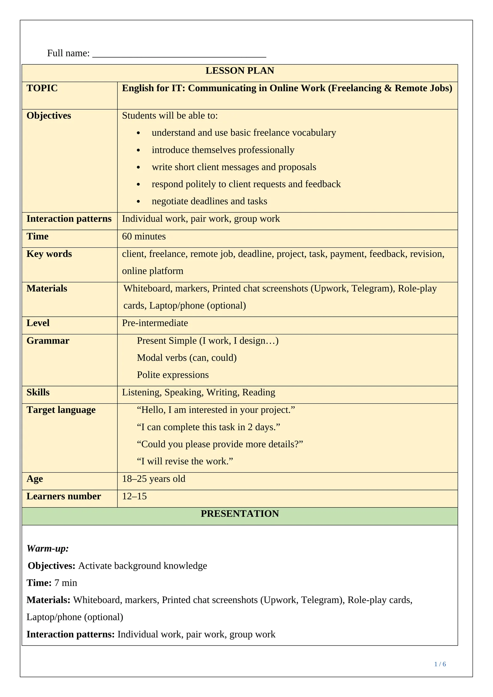 Lesson plan ESP focusing on English for IT, teaching freelance