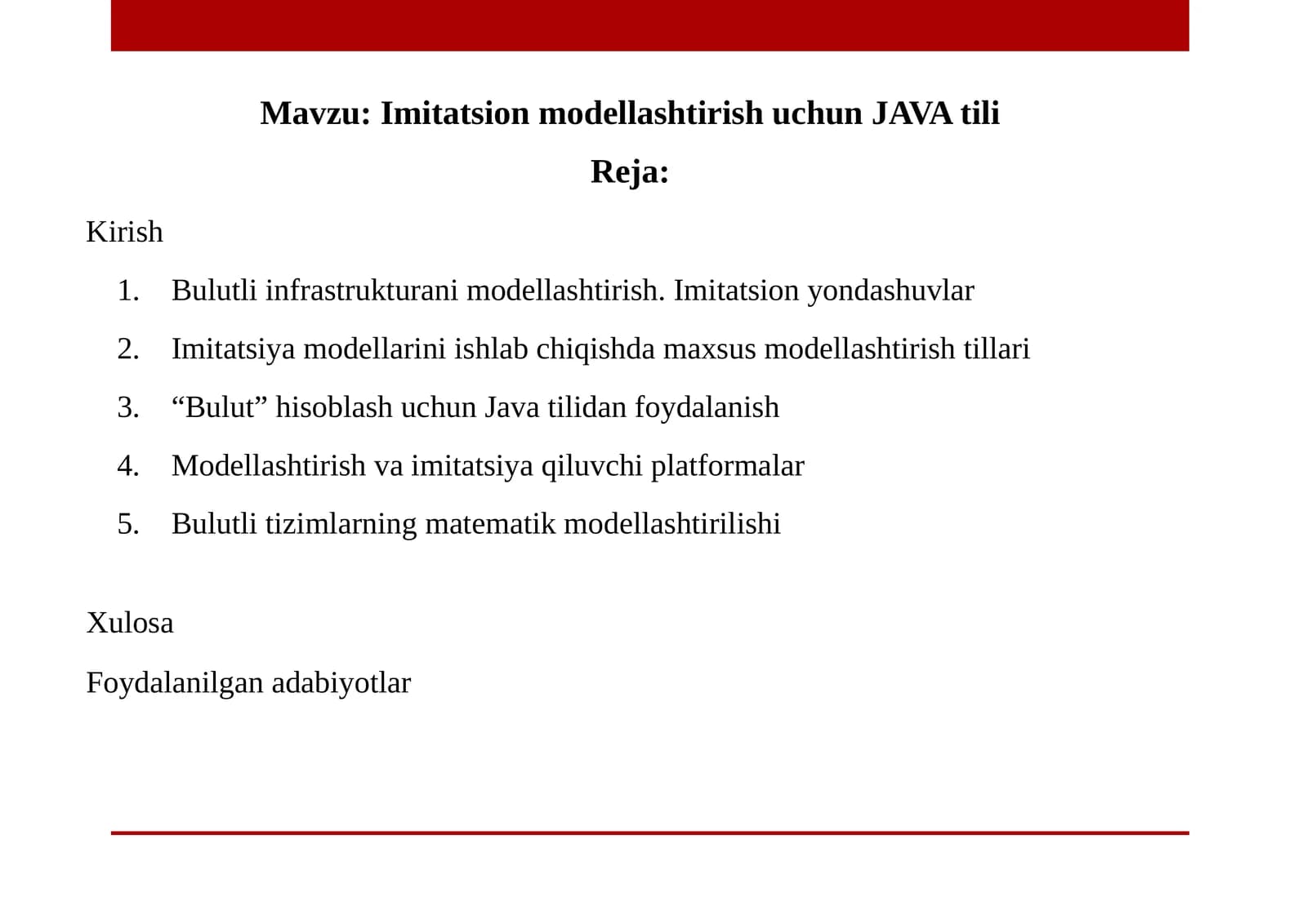 Imitatsion modellashtirish uchun JAVA tilida