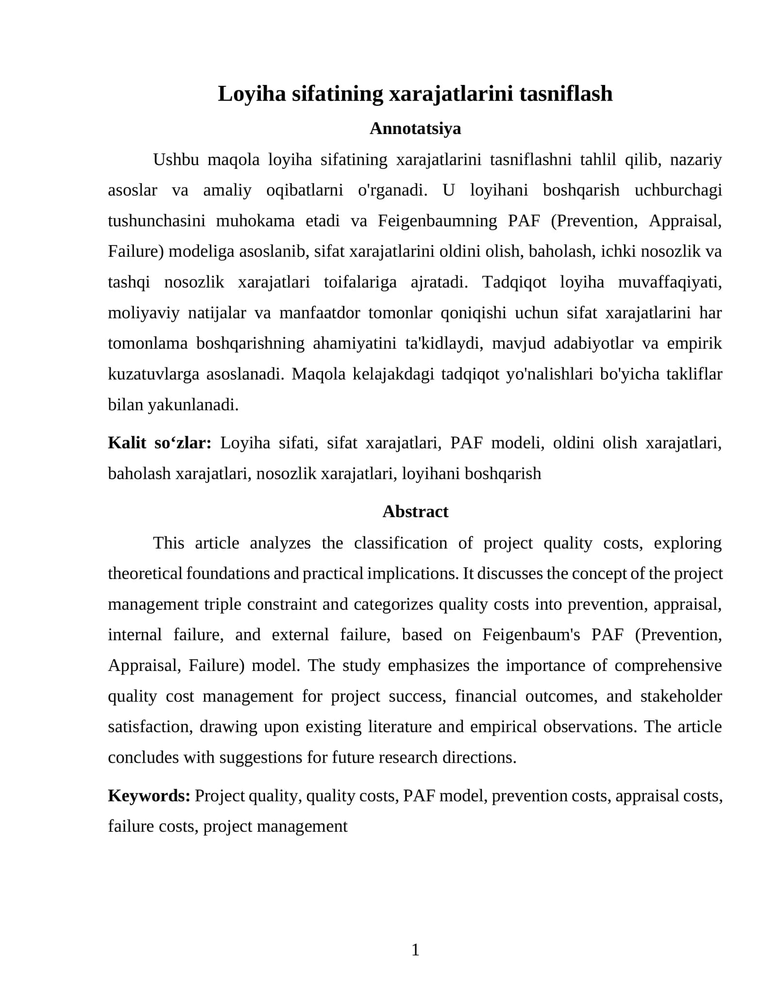 Loyiha sifatining xarajatlarini tasniflash
