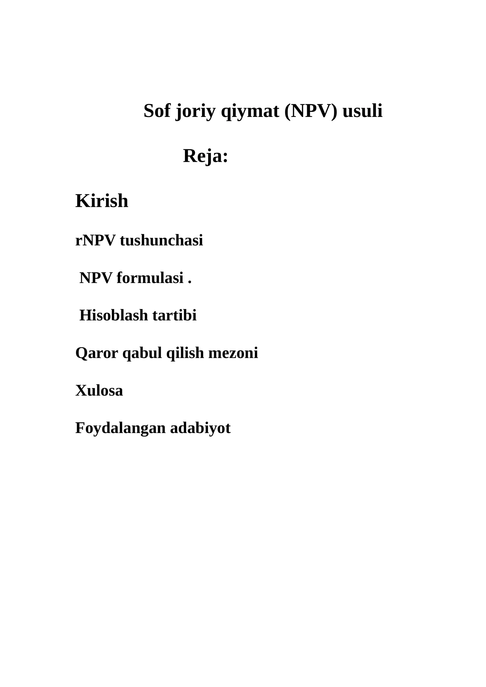 Sof joriy qiymat (NPV) usuli