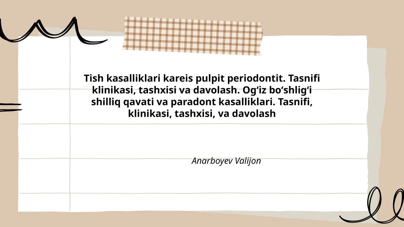 Tish kasalliklari kareis pulpit periodontit. Tasnifi klinikasi, tashxisi va davolash. Ogʻiz boʻshligʻi shilliq qavati va paradont kasalliklari. Tasnifi, klinikasi, tashxisi, va davolash
