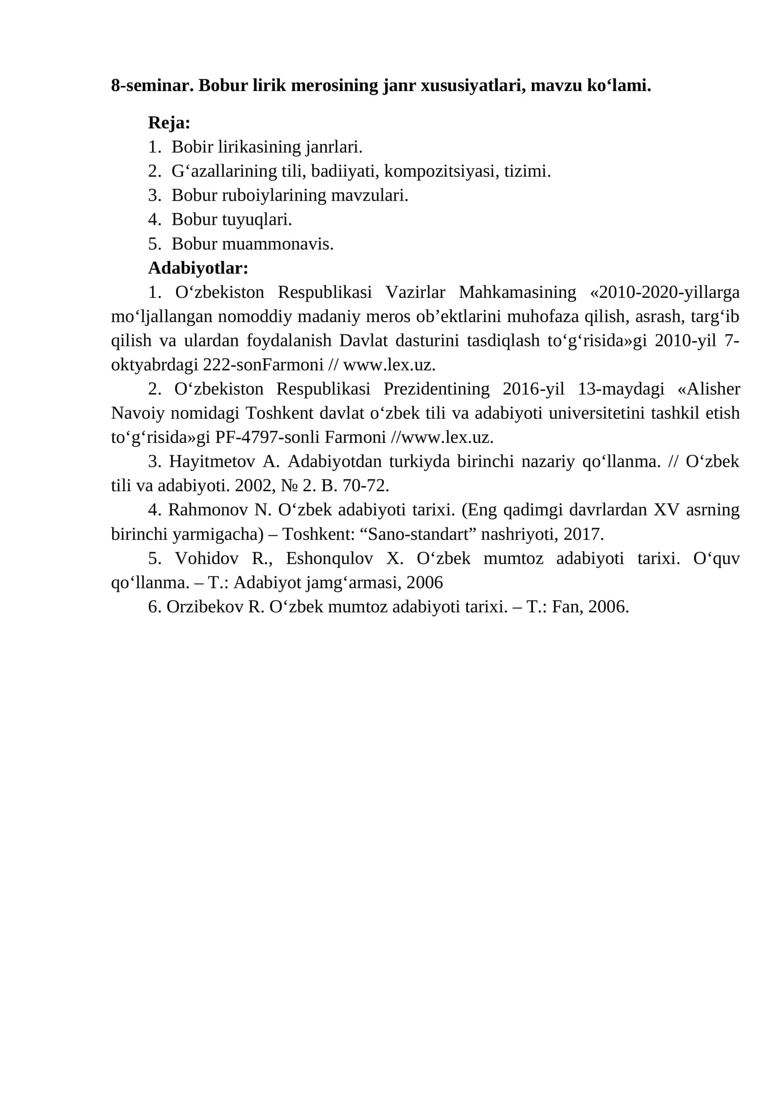 Bobur lirik merosining janr xususiyatlari