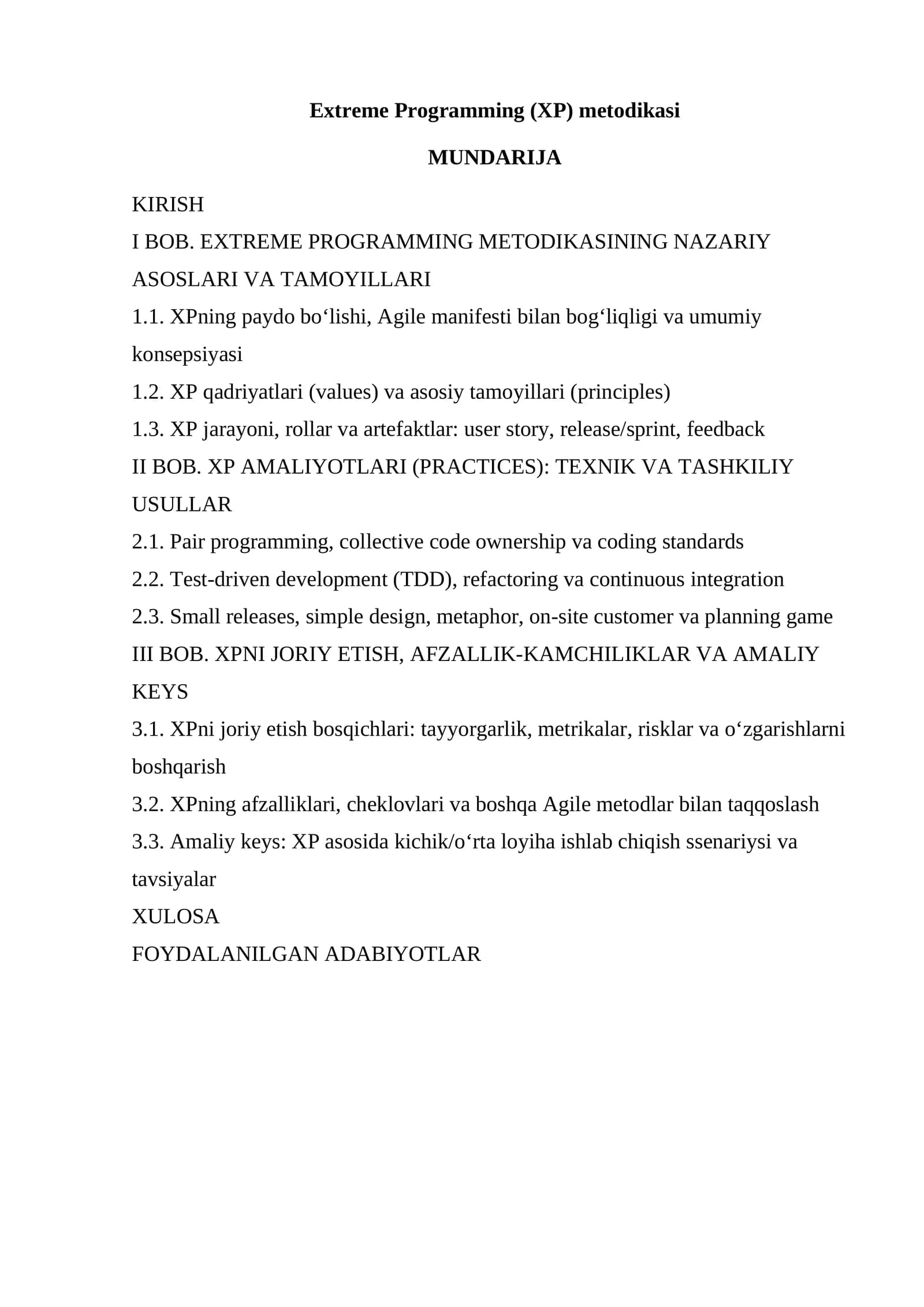 Extreme Programming (XP) metodikasi
