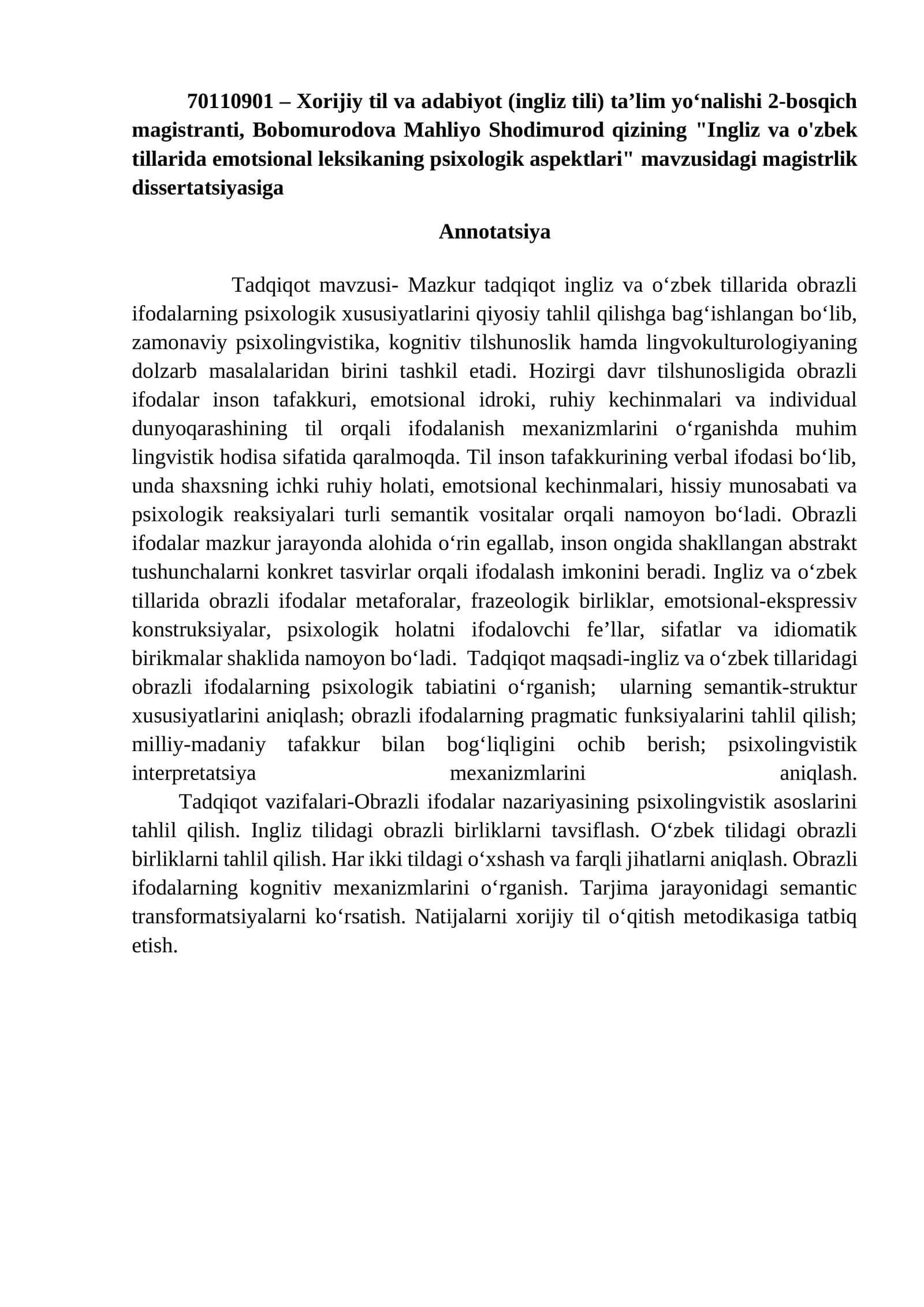 Ingliz va o'zbek tillarida emotsional leksikaning psixologik aspektlari