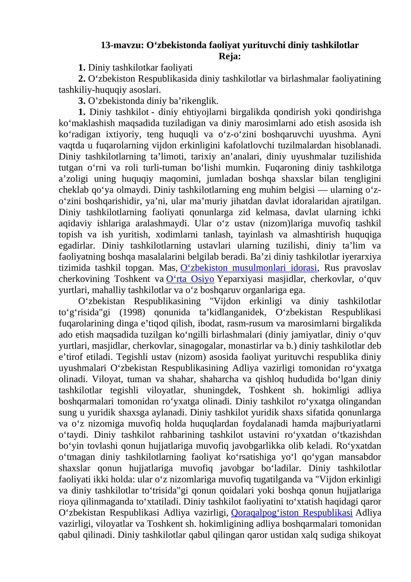 O‘zbеkistоndа fаоliyаt yurituvchi diniy tаshkilоtlаr