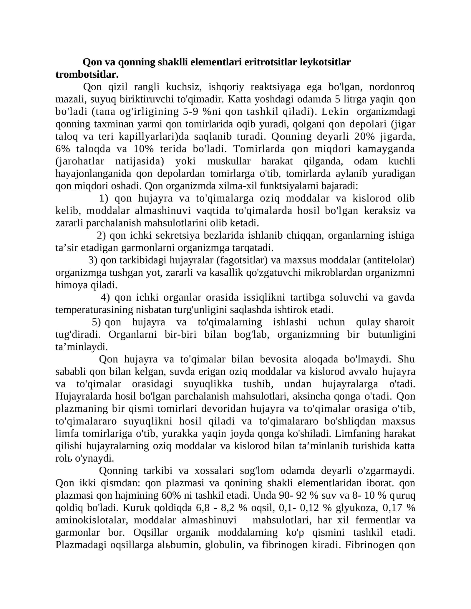 Qon va qonning shaklli elementlari