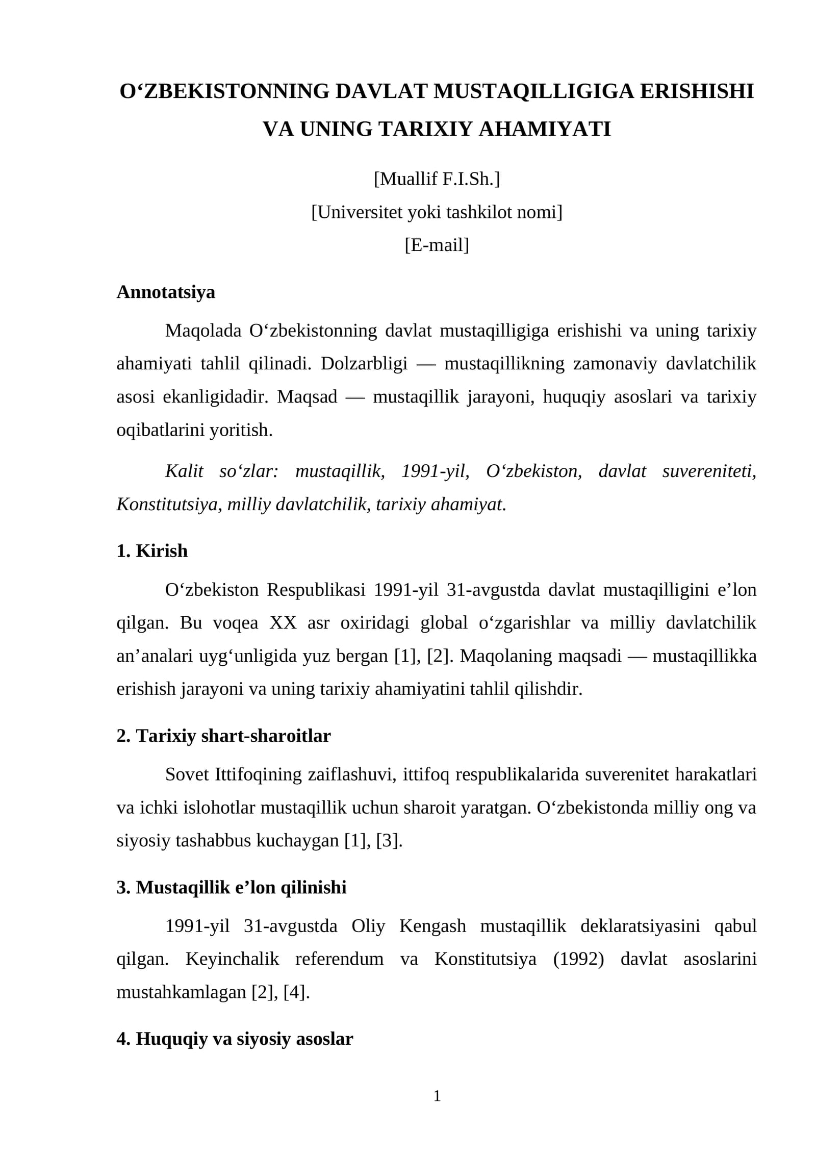 O‘ZBEKISTONNING DAVLAT MUSTAQILLIGIGA ERISHISHI VA UNING TARIXIY AHAMIYATI