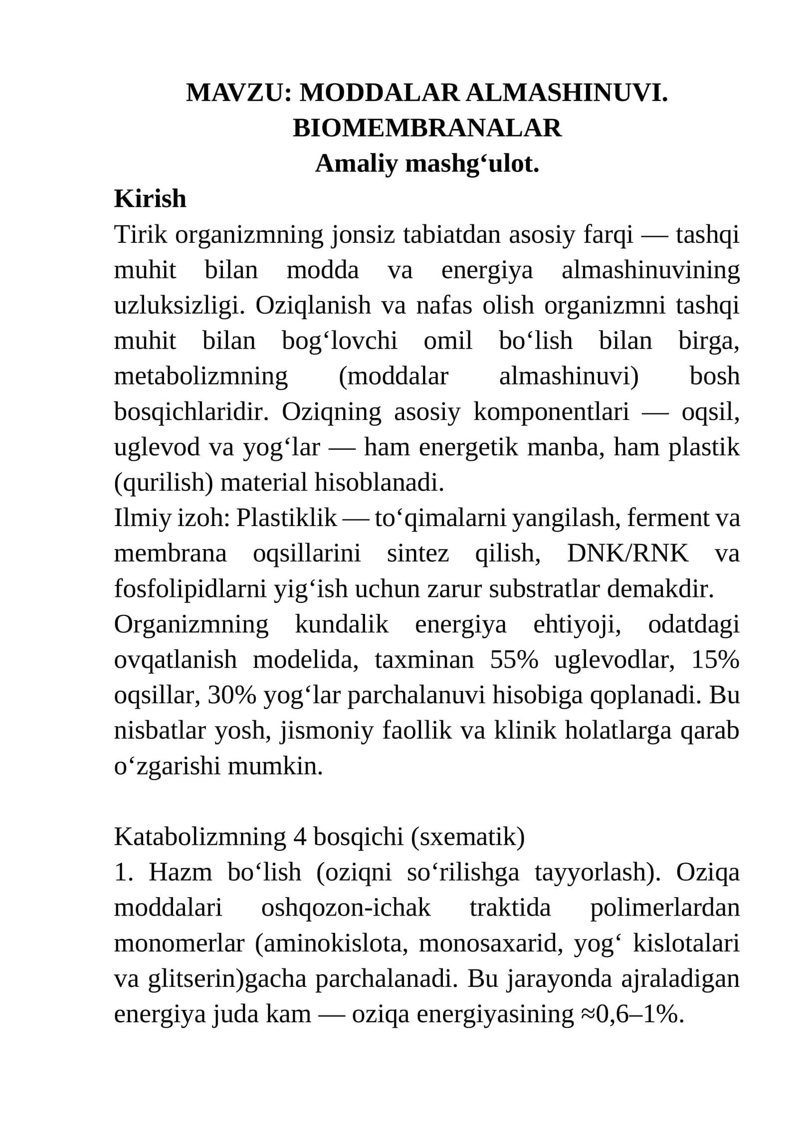 MODDALAR ALMASHINUVI. BIOMEMBRANALAR