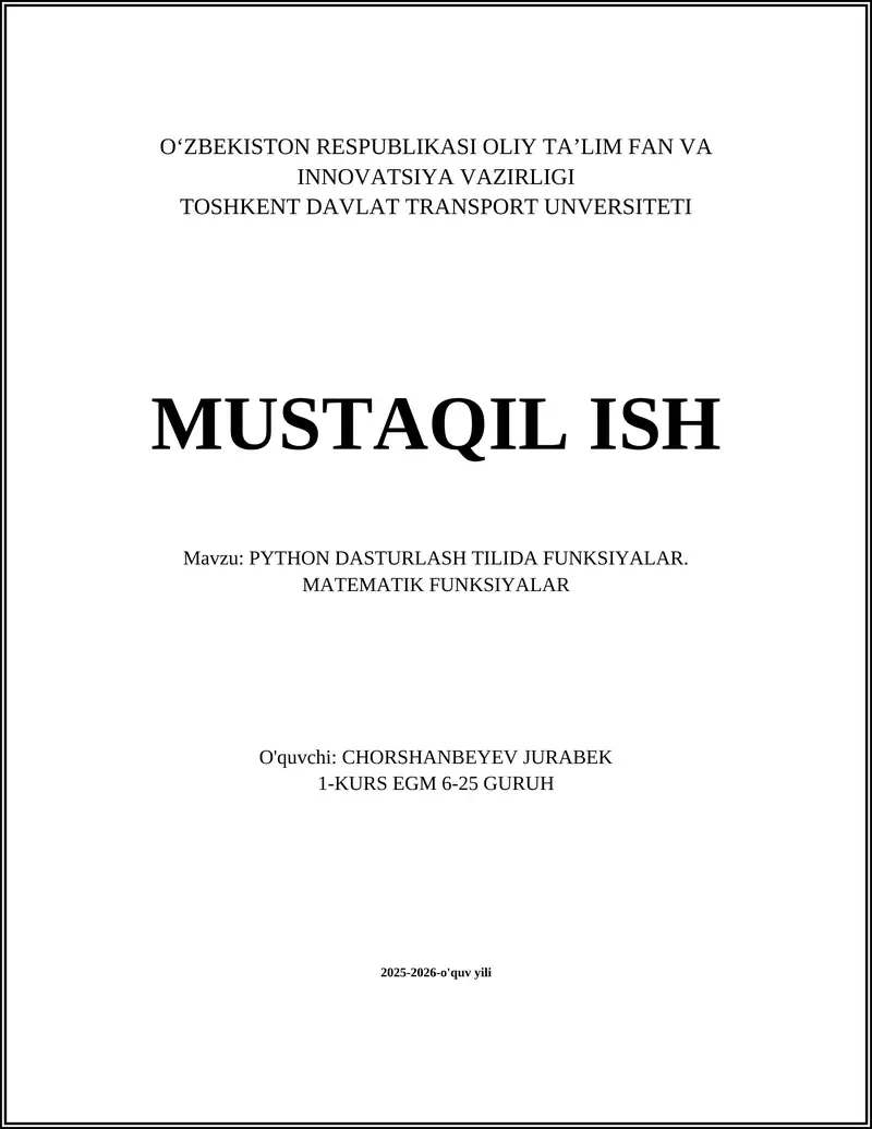 PYTHON DASTURLASH TILIDA FUNKSIYALAR