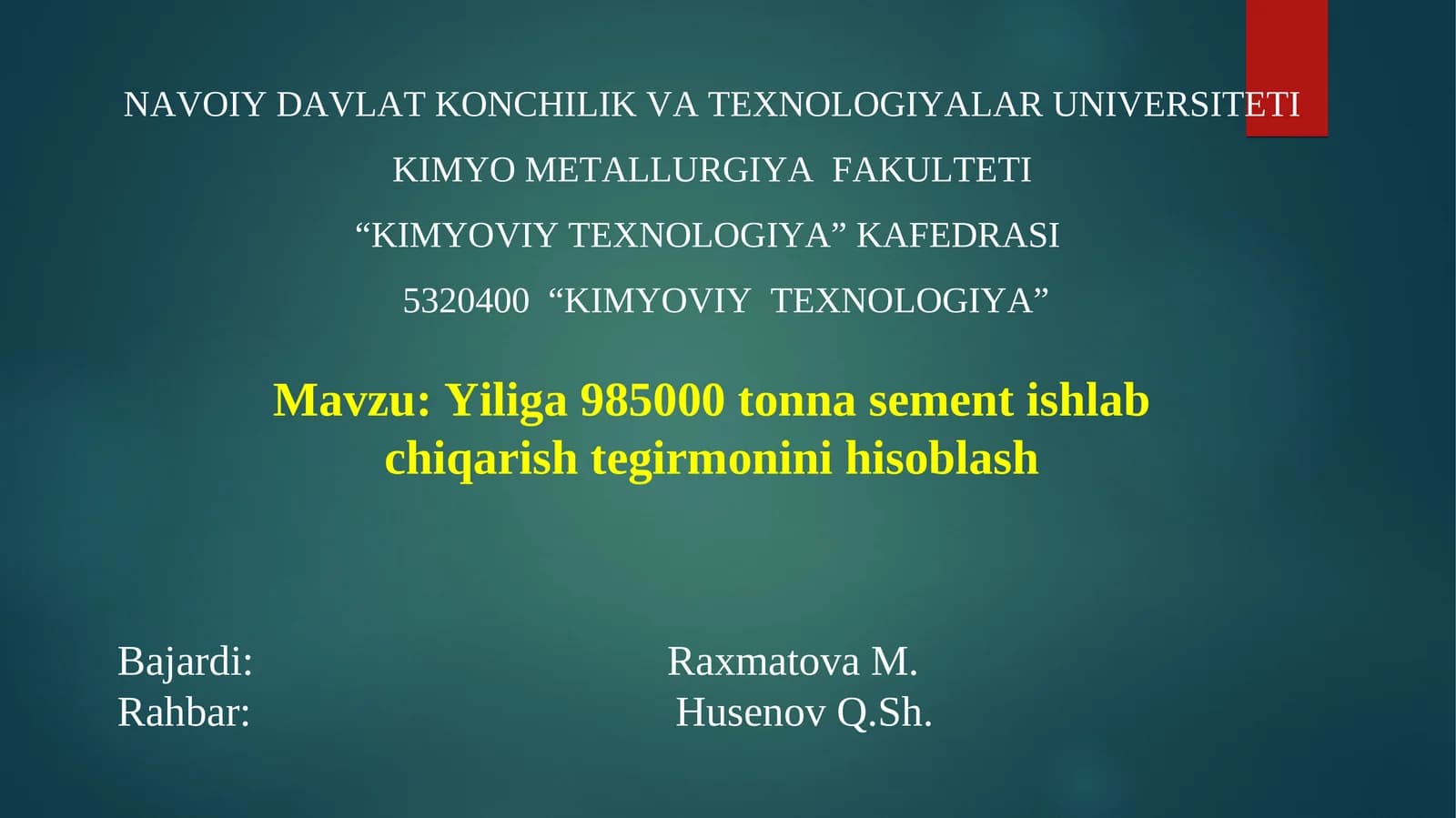 Yiliga 985000 tonna sement ishlab chiqarish tegirmonini hisoblash