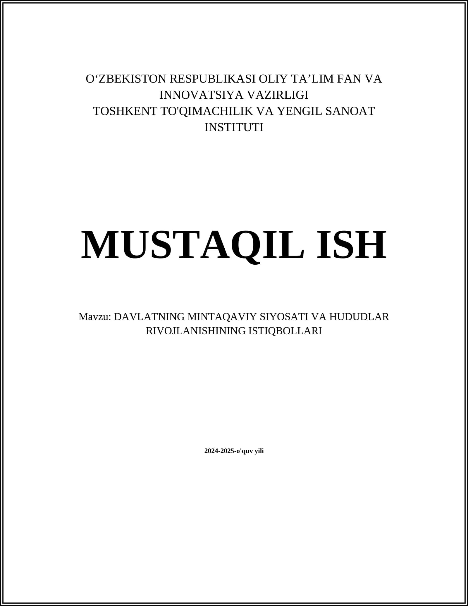 DAVLATNING MINTAQAVIY SIYOSATI VA HUDUDLAR RIVOJLANISHINING ISTIQBOLLARI
