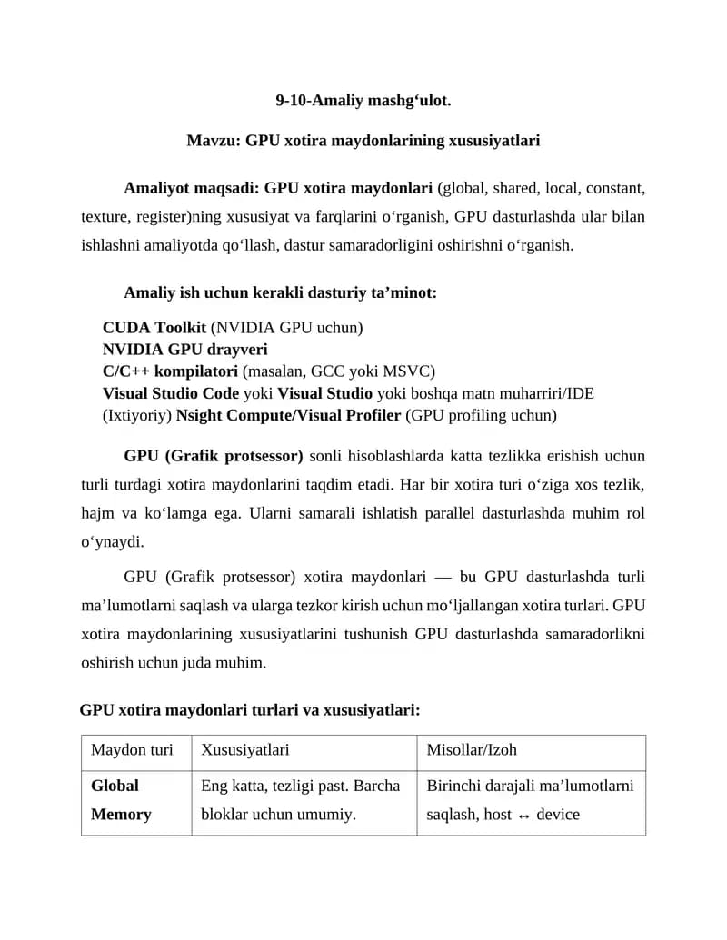 GPU xotira maydonlarining xususiyatlari