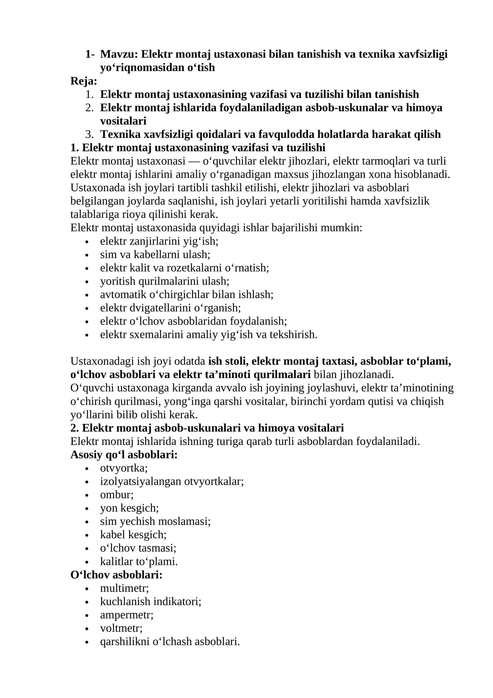 «Bino va inshootlar qurilishida elektromontaj ishlari» O'quv amaliyoti
