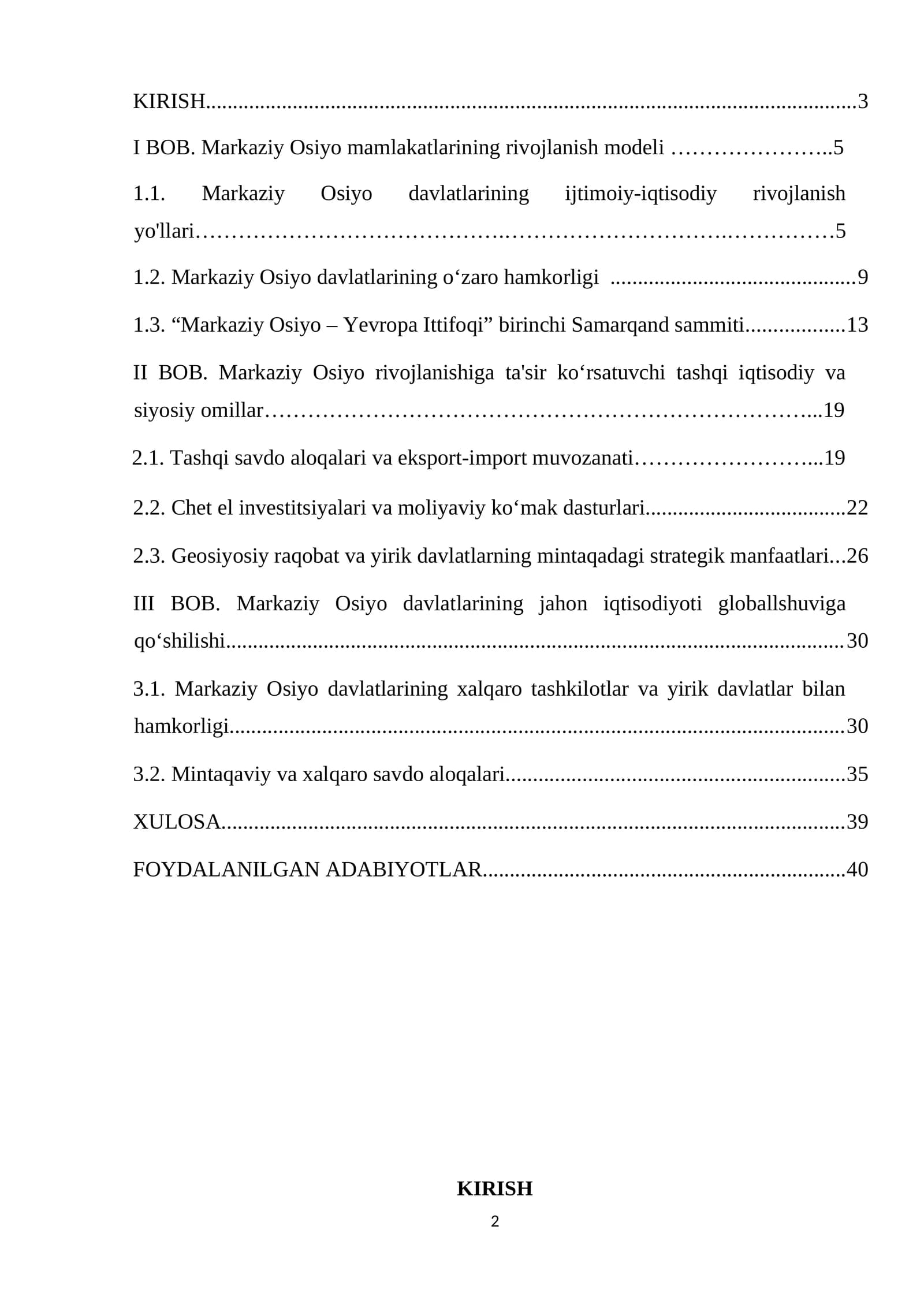 Markaziy Osiyon mamlakatlarining rivojlanish modeli