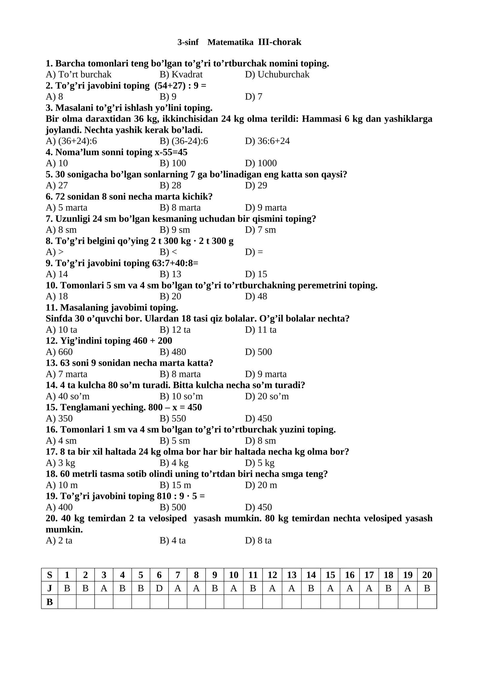3-sinf Matematika III-chorak