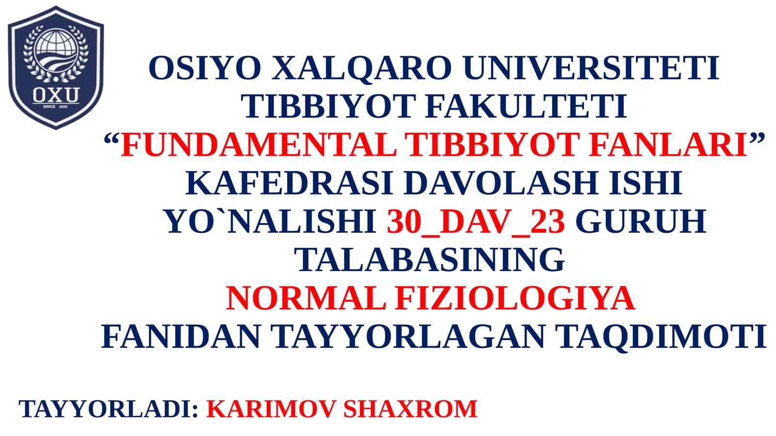 O‘PKANING NAFASGA OID BO‘LMAGAN FUNKSIYALARI. SUN'IY NAFAS. NAFASNING PATOLOGIK TURLARI. TO‘QIMADAGI NAFASI. GIPOKSIYA UNING TURLARI.