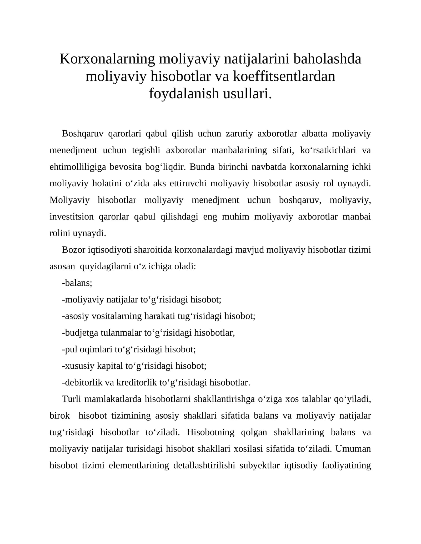 Korxonalarning moliyaviy natijalarini baholash