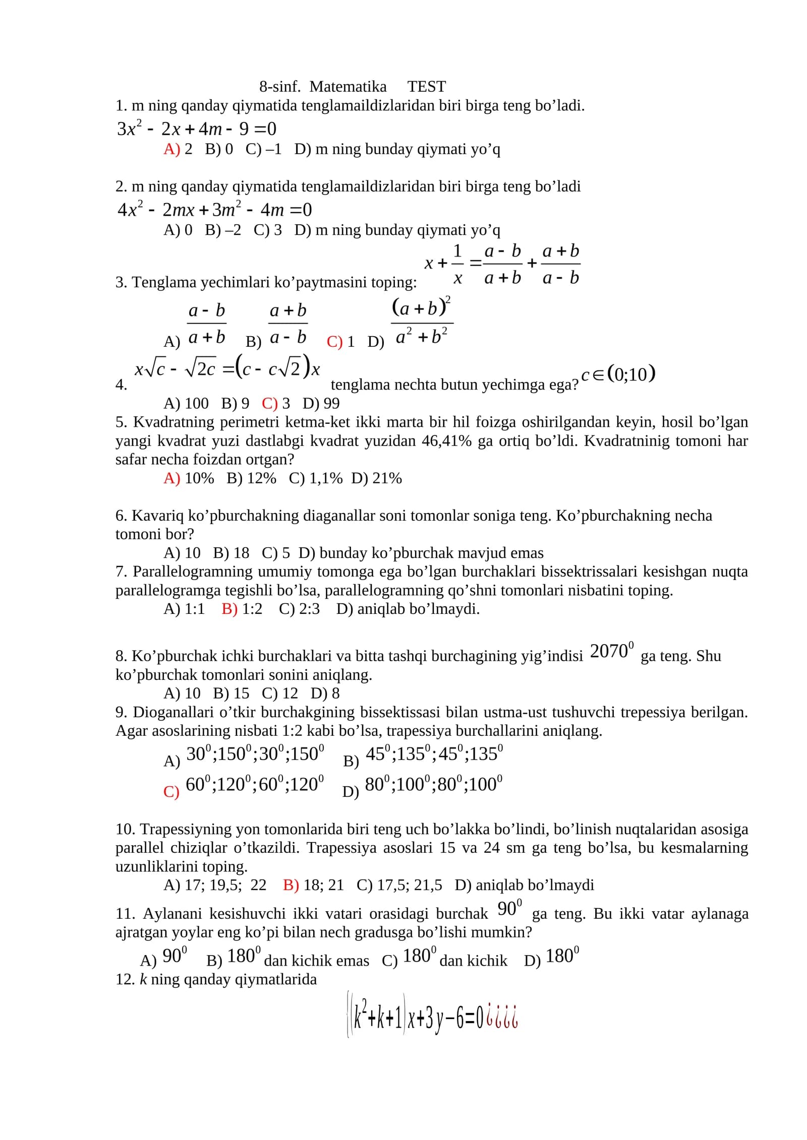 8-sinf. Matematika TEST