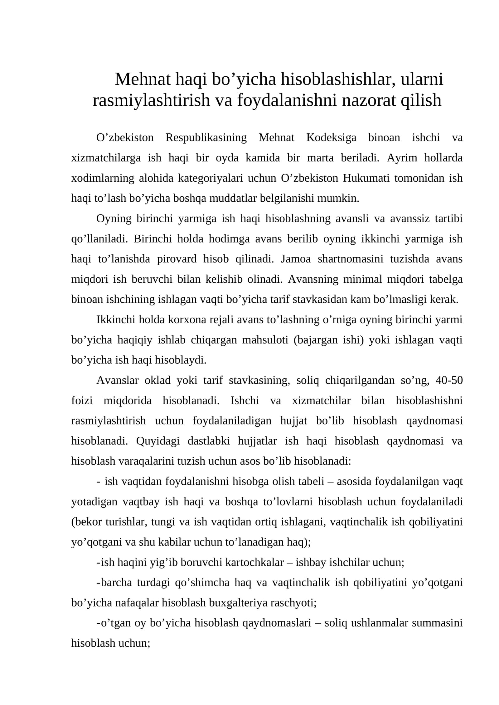Mehnat haqi bo’yicha hisoblash