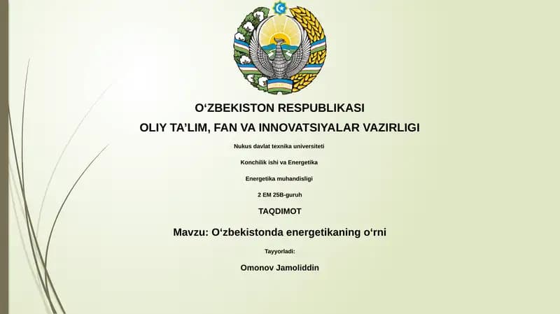 Oʻzbekistonda energetikaning oʻrni