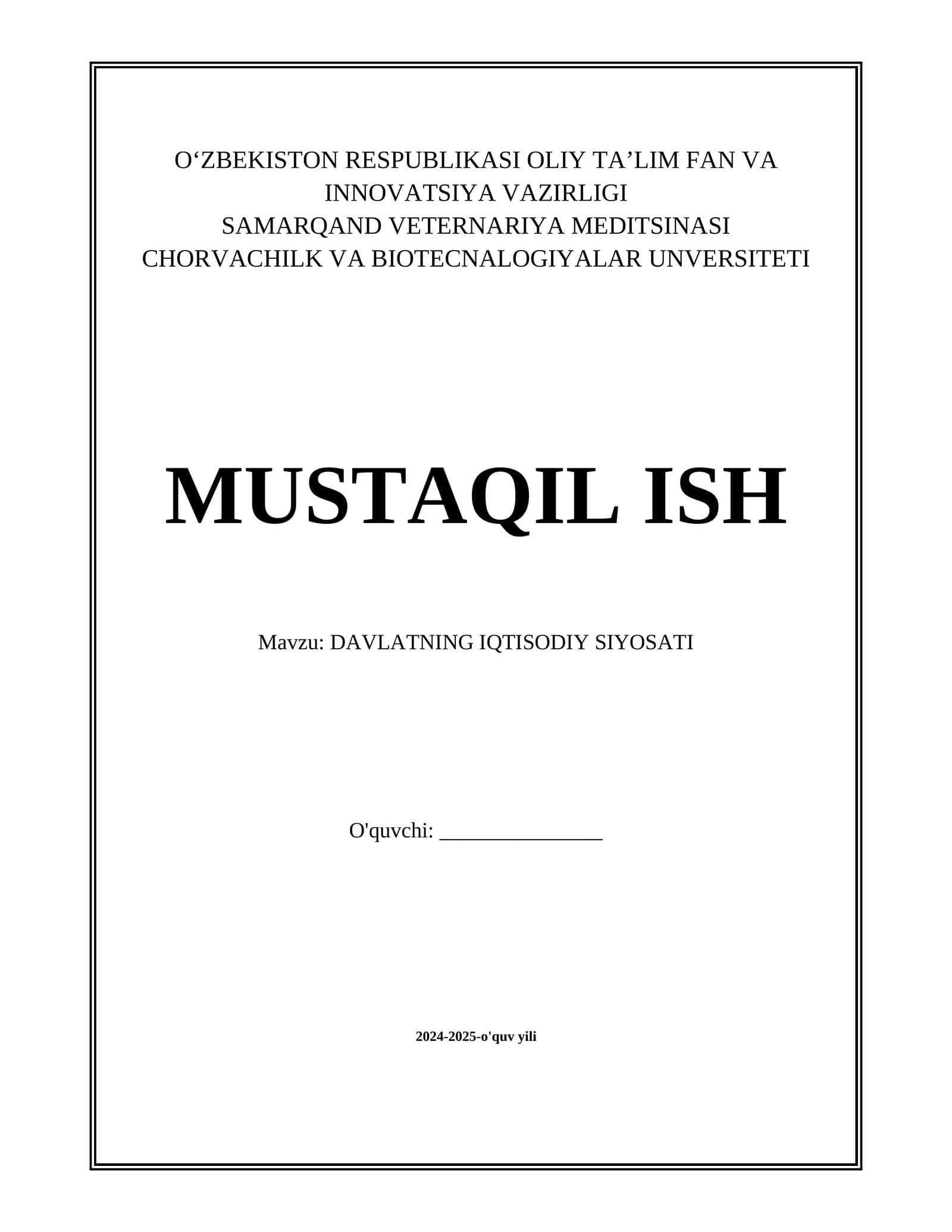 DAVLATNING IQTISODIY SIYOSATI