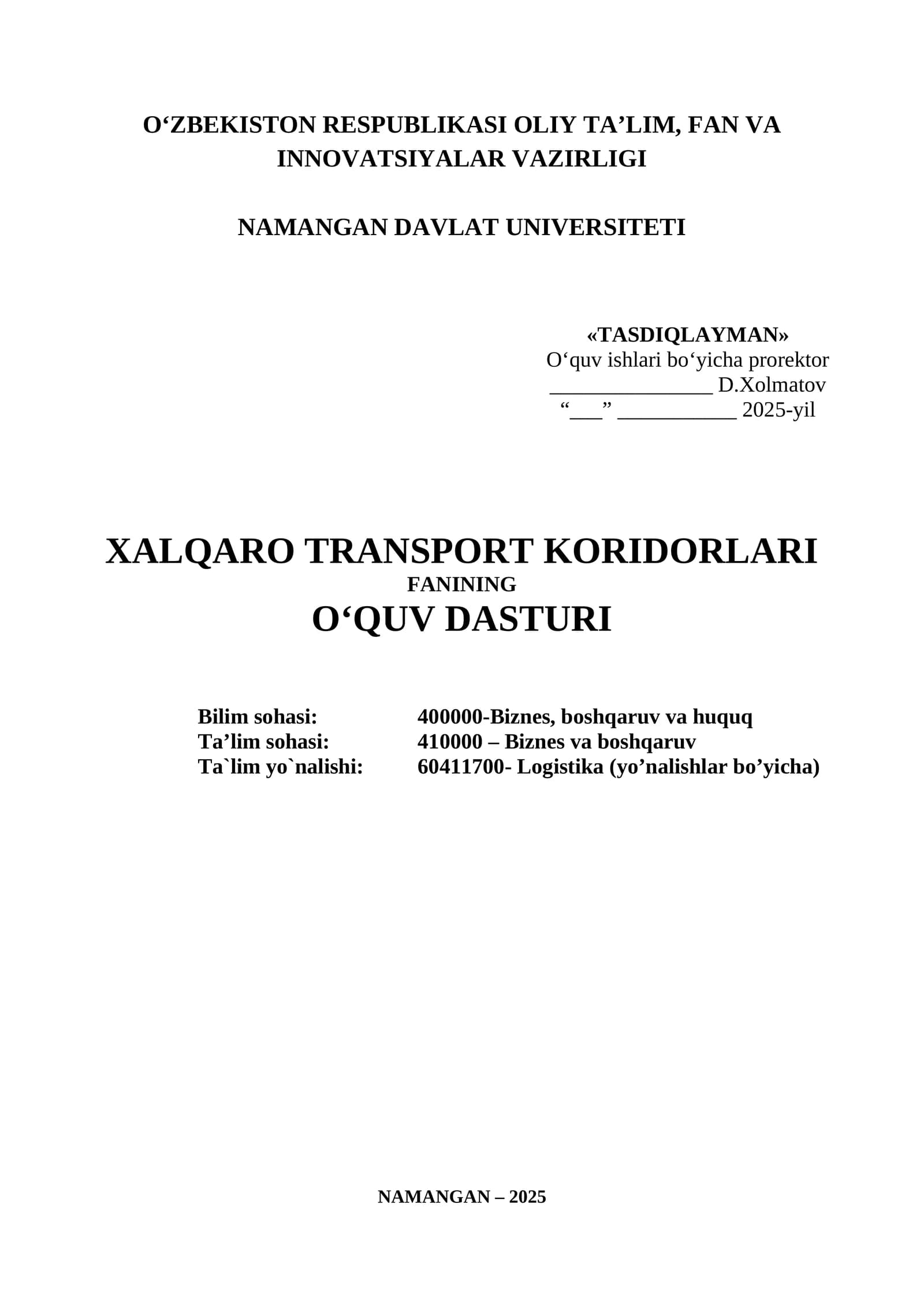 Xalqaro transport koridorlari o‘quv dasturi
