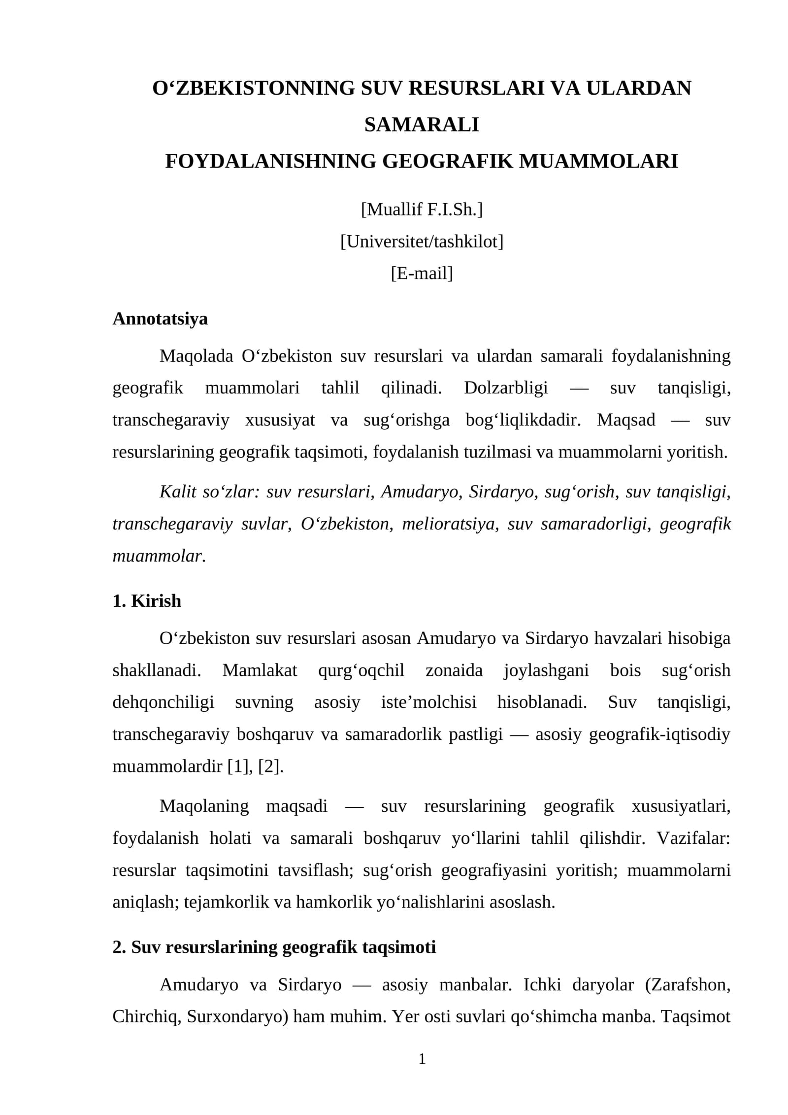 O‘zbekistonning suv resurslari va ulardan samarali foydalanishning geografik muammolari