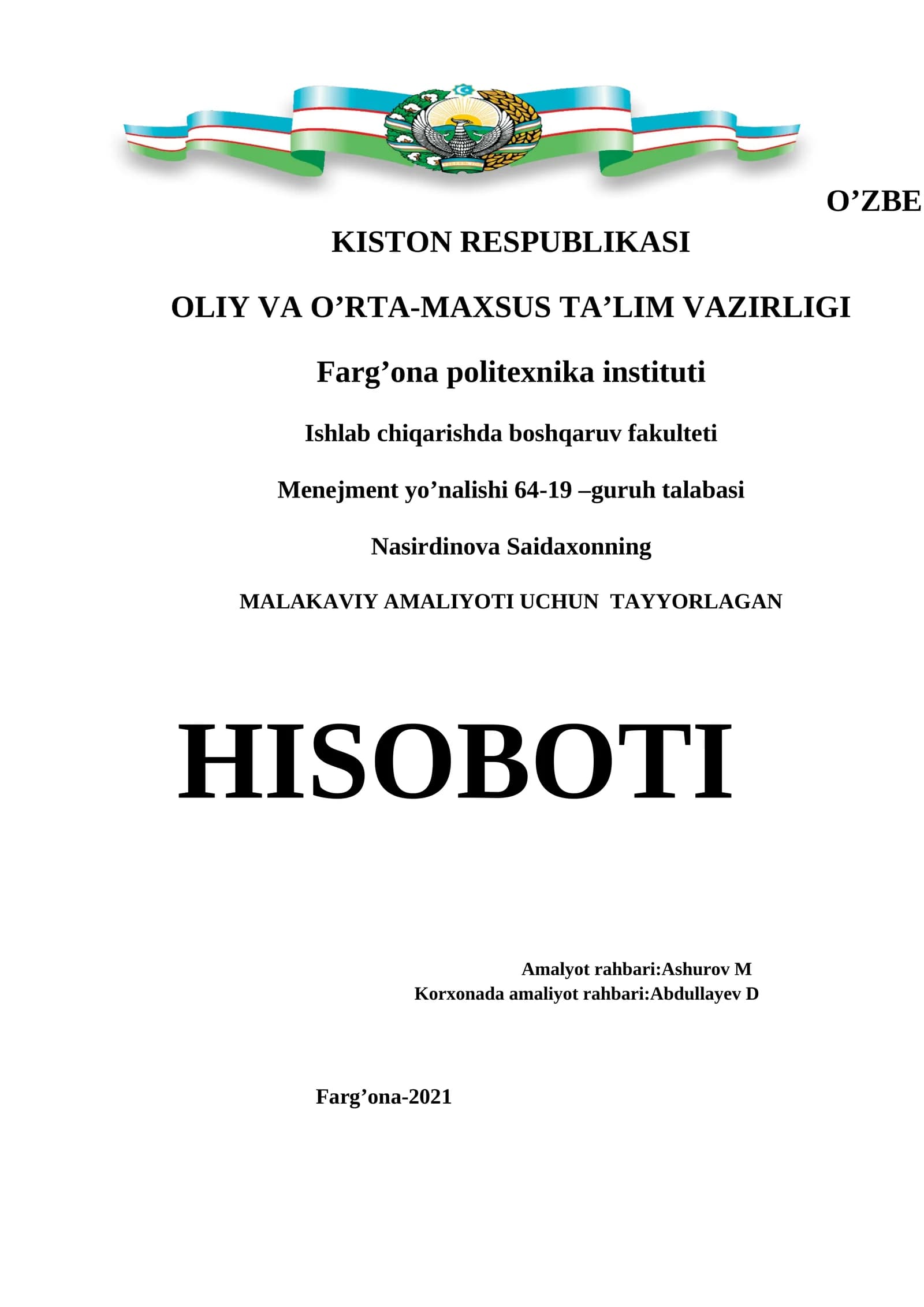MALAKAVIY AMALIYOTI UCHUN TAYYORLAGAN HISOBOTI