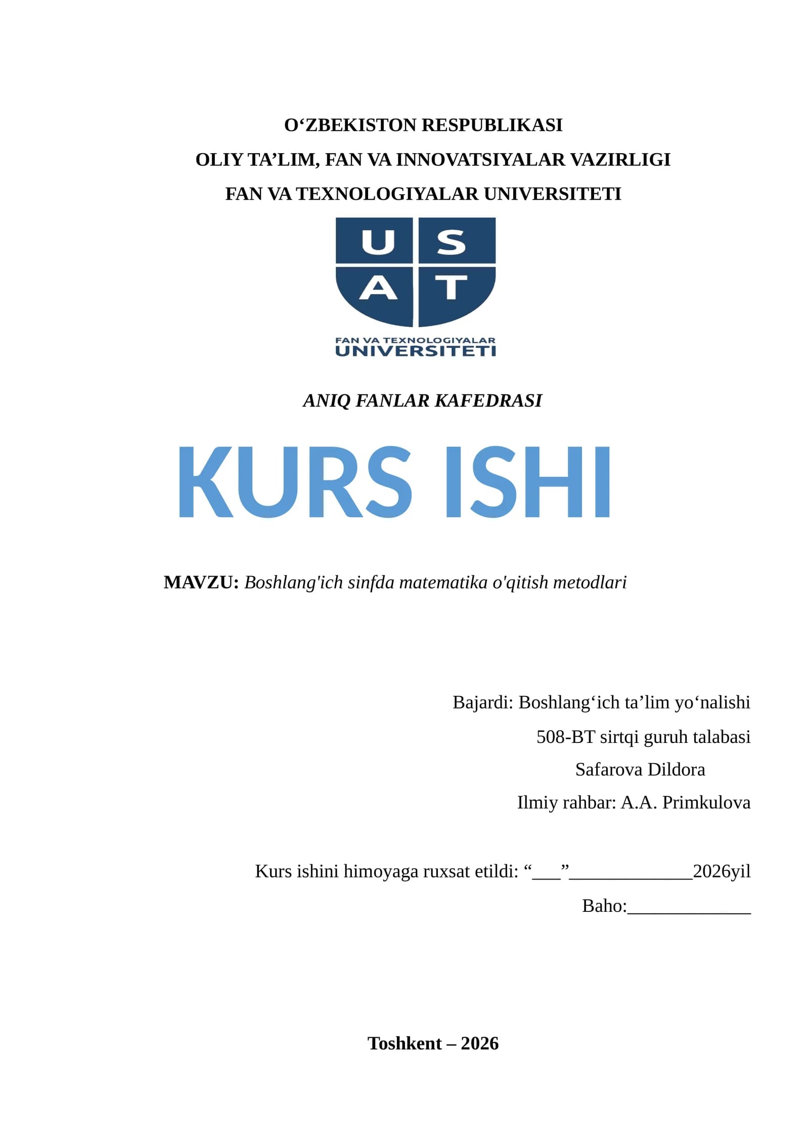 Boshlang'ich sinfda matematika o'qitish metodlari