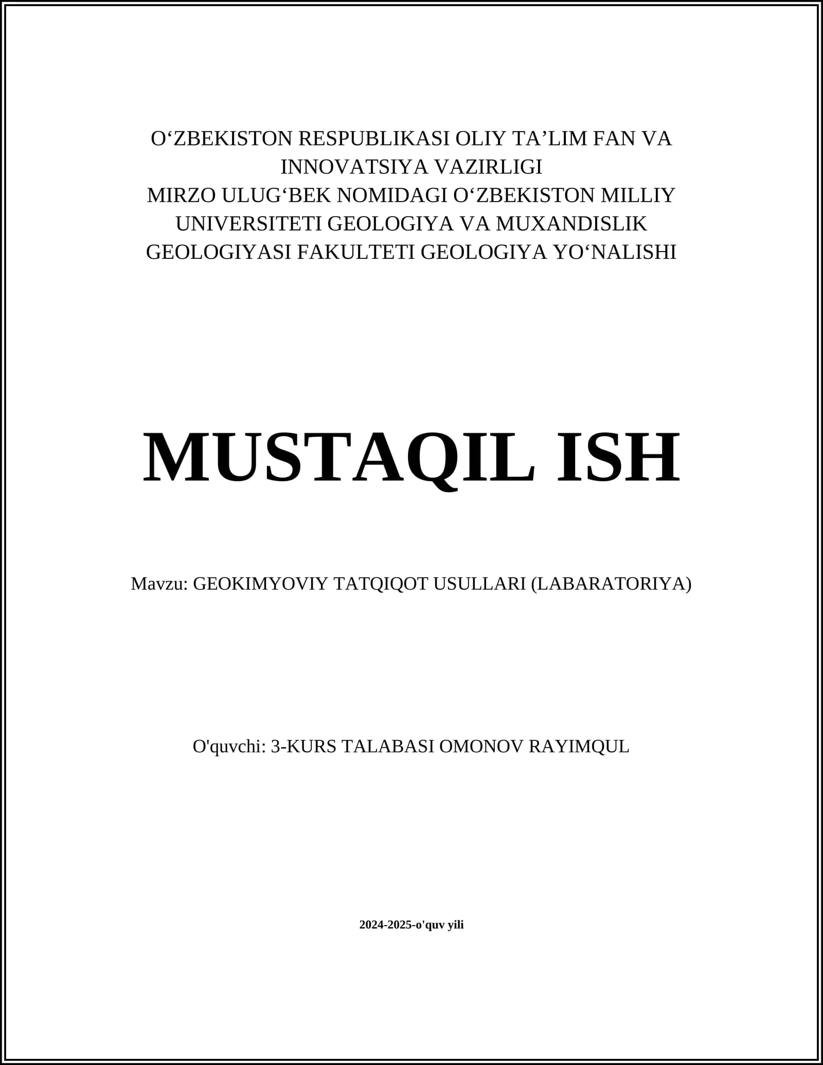 GEOKIMYOVIY TATQIQOT USULLARI (LABARATORIYA)