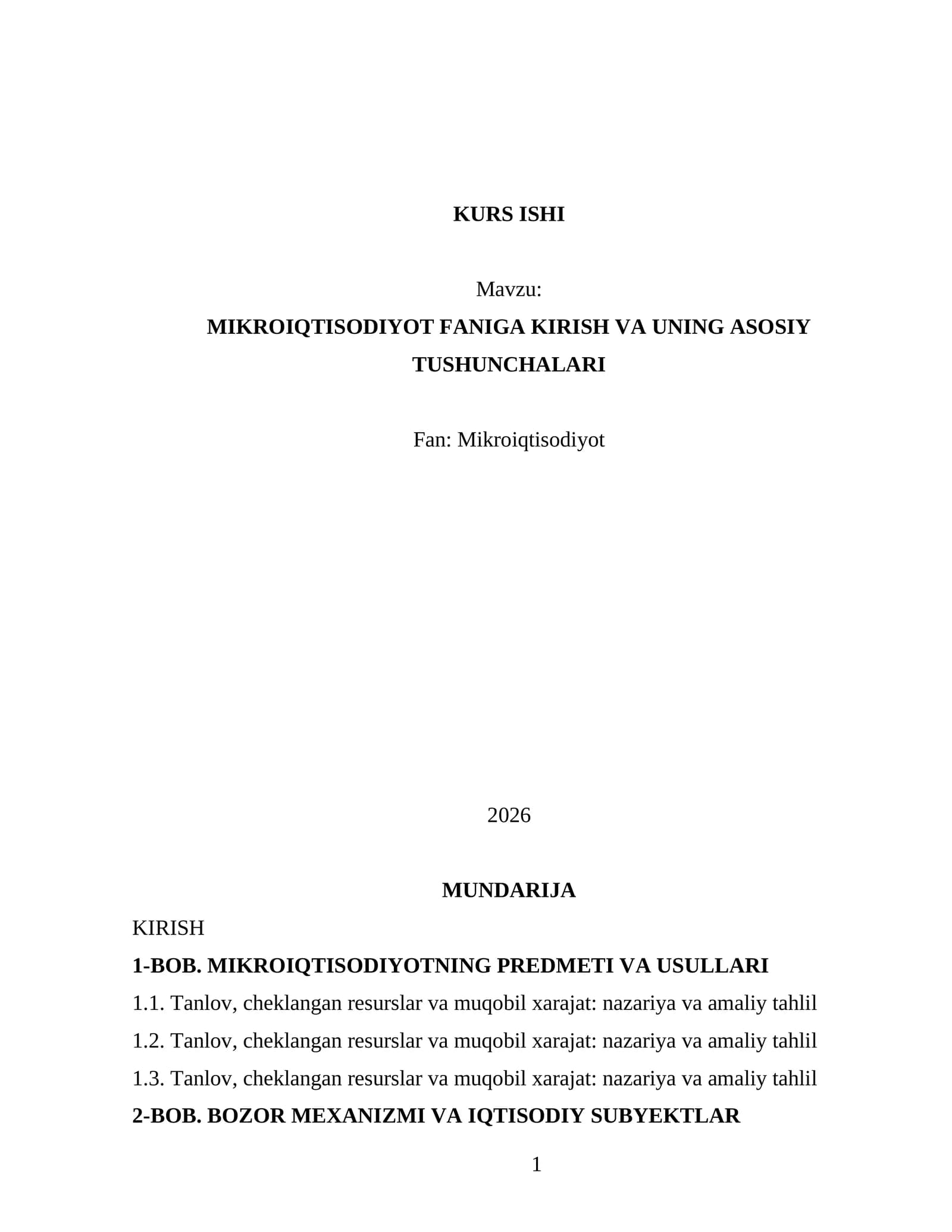MIKROIQTISODIYOT FANIGA KIRISH VA UNING ASOSIY TUSHUNCHALARI